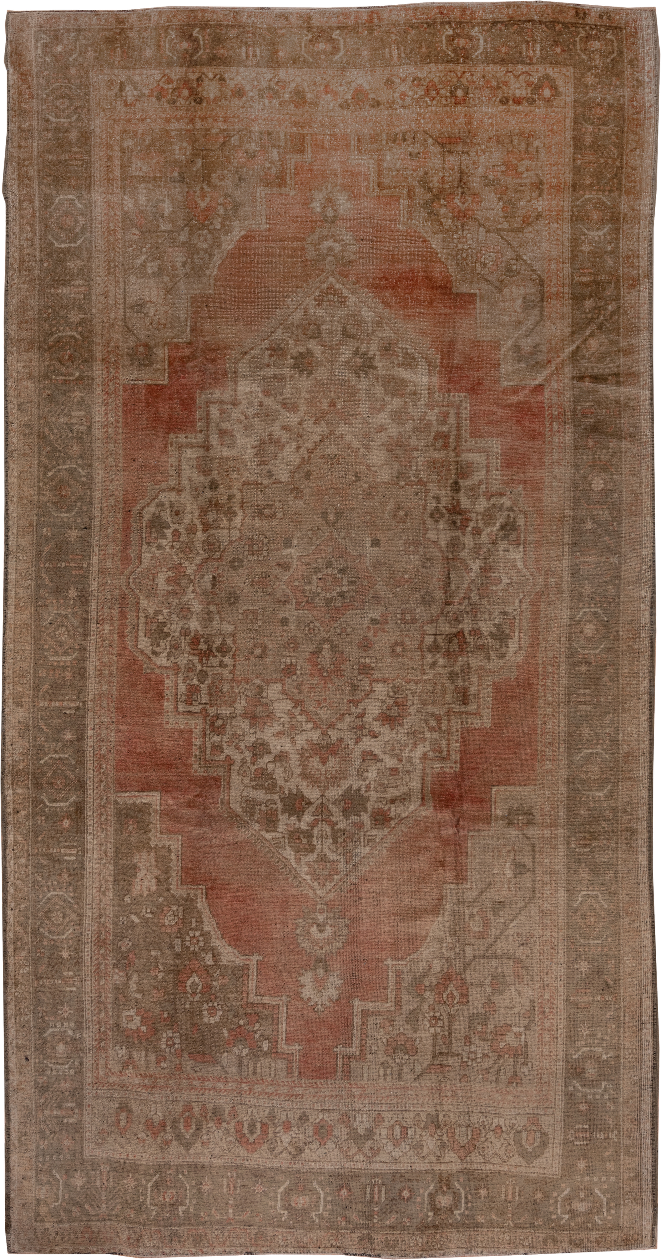 6' x 11' one-of-a-kind handmade vintage Oushak large size rug. Color palette: taupe, terracotta, rose, beige, brown, ivory