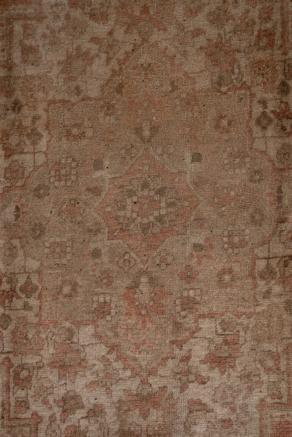6' x 11' one-of-a-kind handmade vintage Oushak large size rug. Color palette: taupe, terracotta, rose, beige, brown, ivory