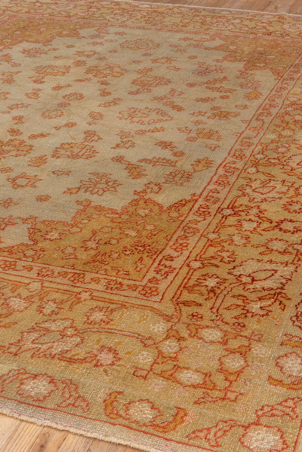 9' x 11' one-of-a-kind handmade antique Oushak large size rug. Color palette: ivory, beige, sand, terra cotta, rust, camel