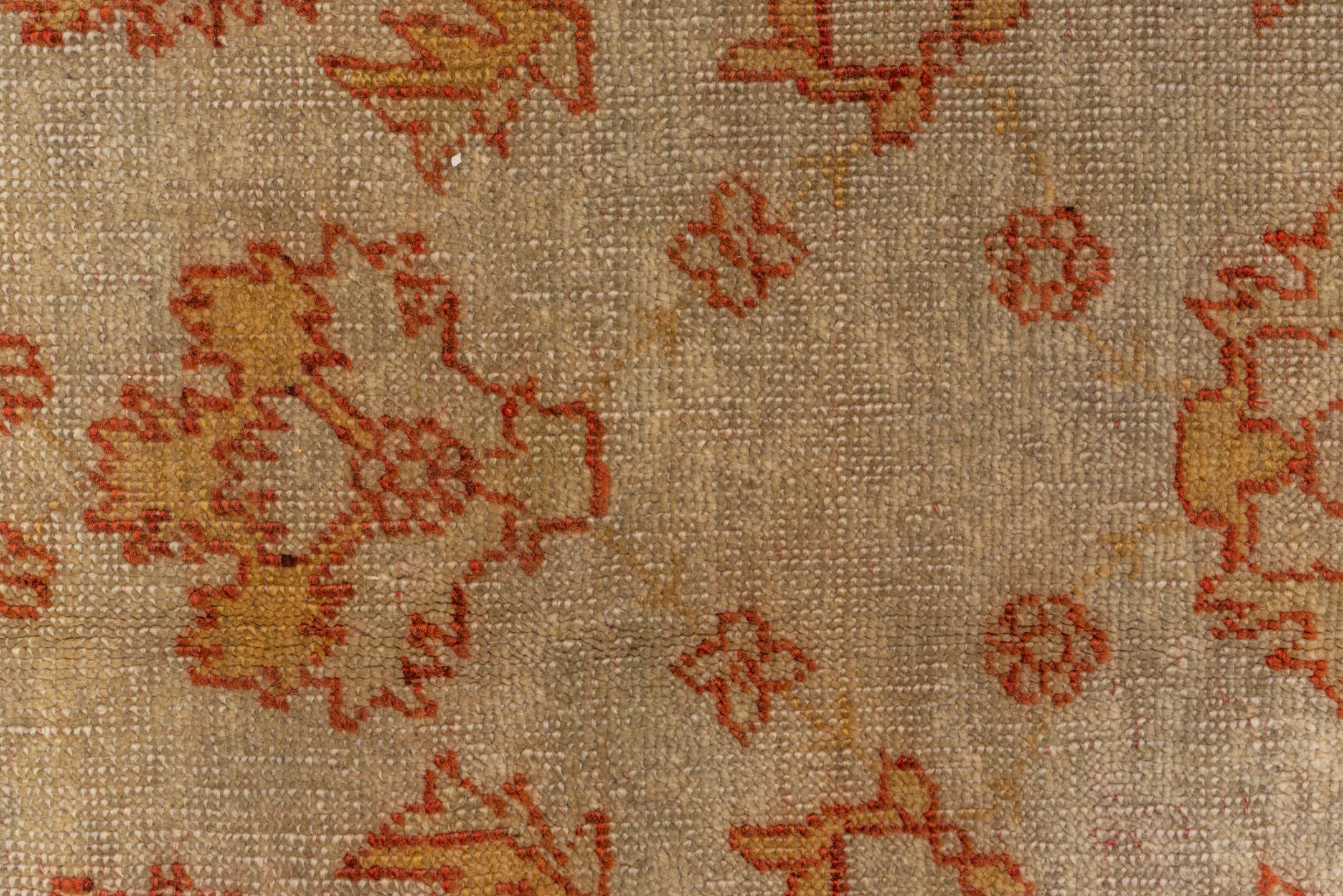 9' x 11' one-of-a-kind handmade antique Oushak large size rug. Color palette: ivory, beige, sand, terra cotta, rust, camel