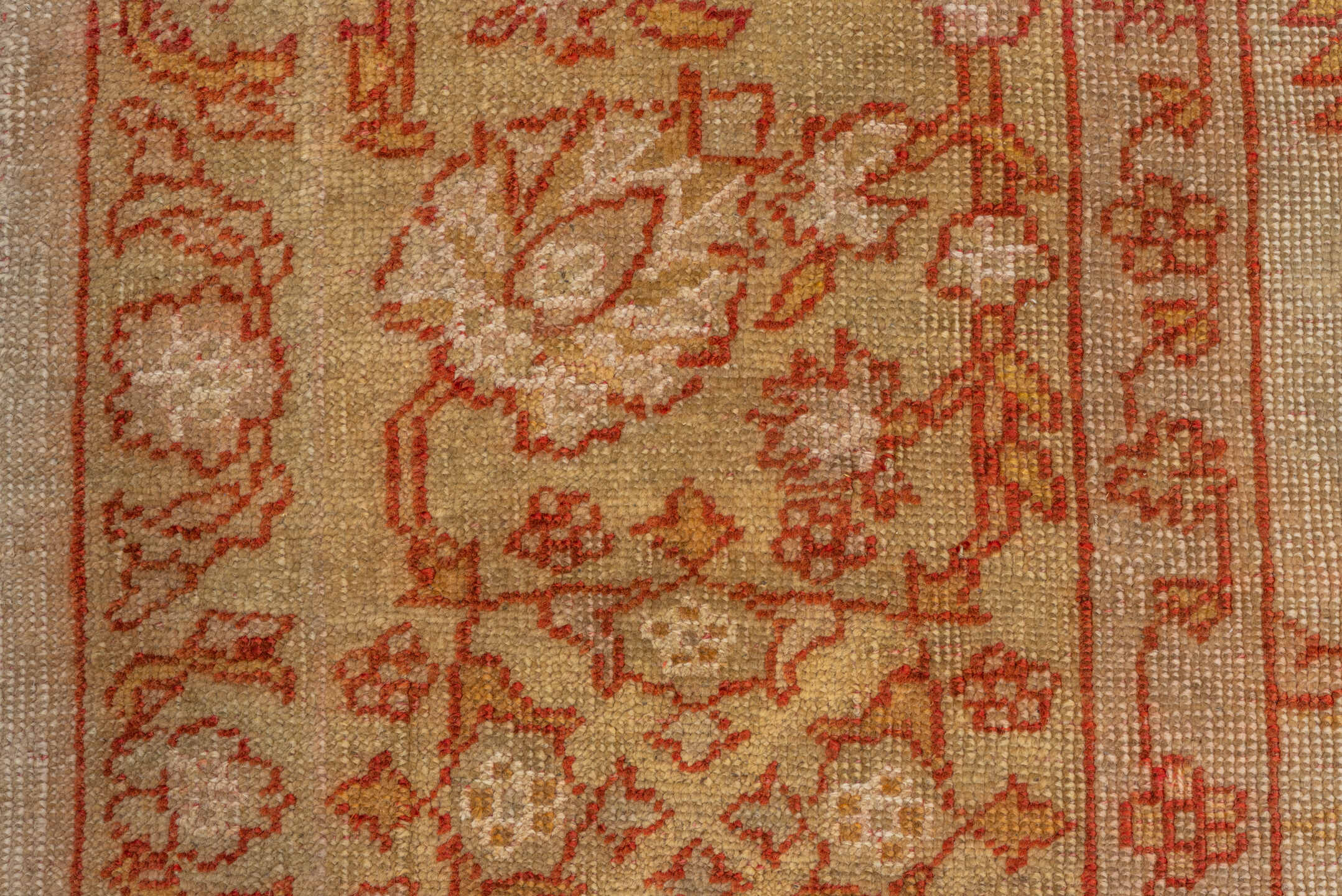 9' x 11' one-of-a-kind handmade antique Oushak large size rug. Color palette: ivory, beige, sand, terra cotta, rust, camel