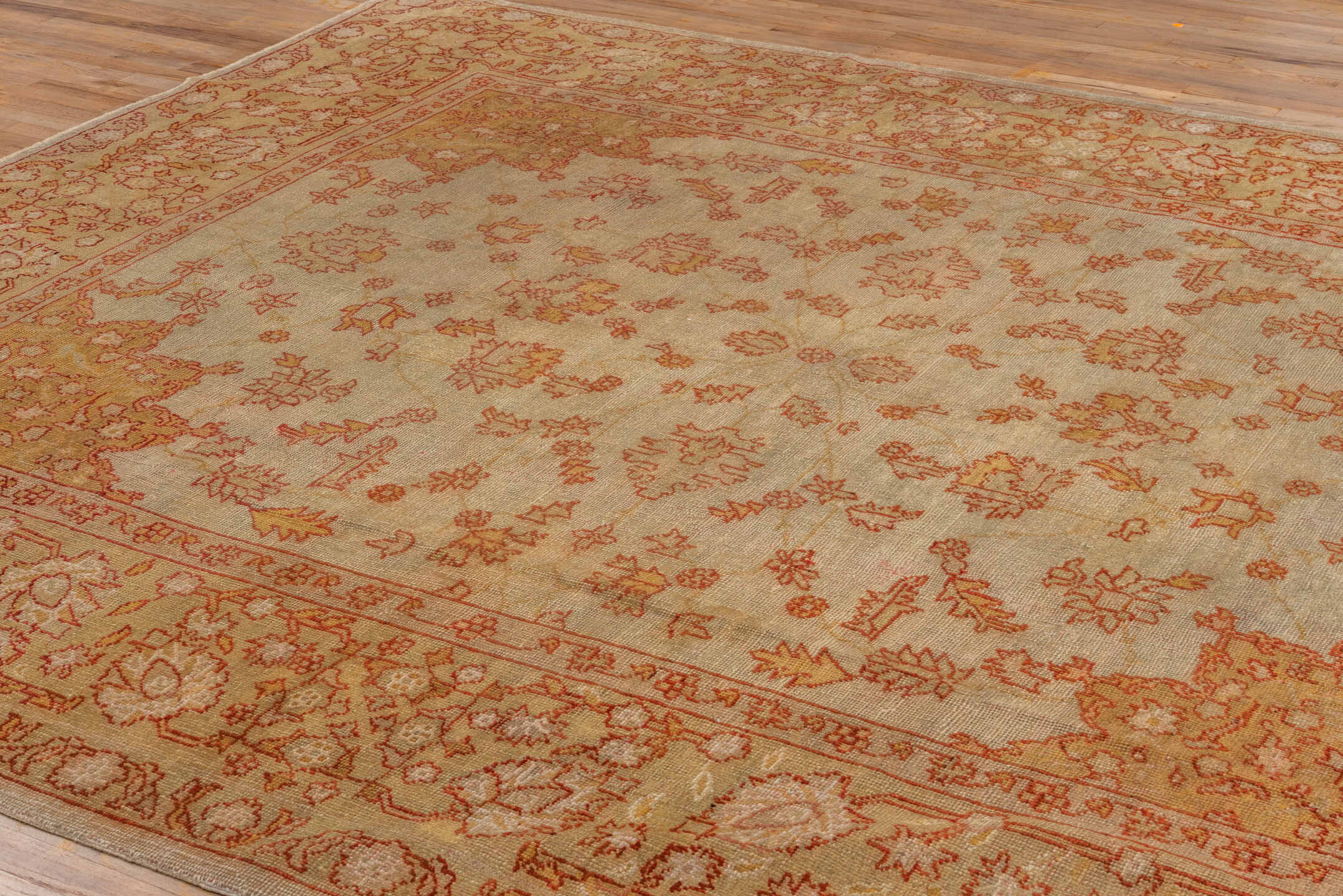9' x 11' one-of-a-kind handmade antique Oushak large size rug. Color palette: ivory, beige, sand, terra cotta, rust, camel
