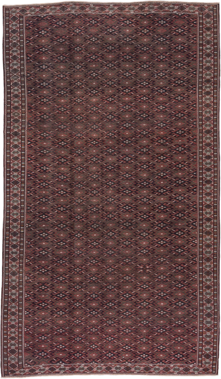 6' x 11' one-of-a-kind handmade vintage Kilim large size rug. Color palette: burgundy, brown, charcoal, ivory, rust, taupe