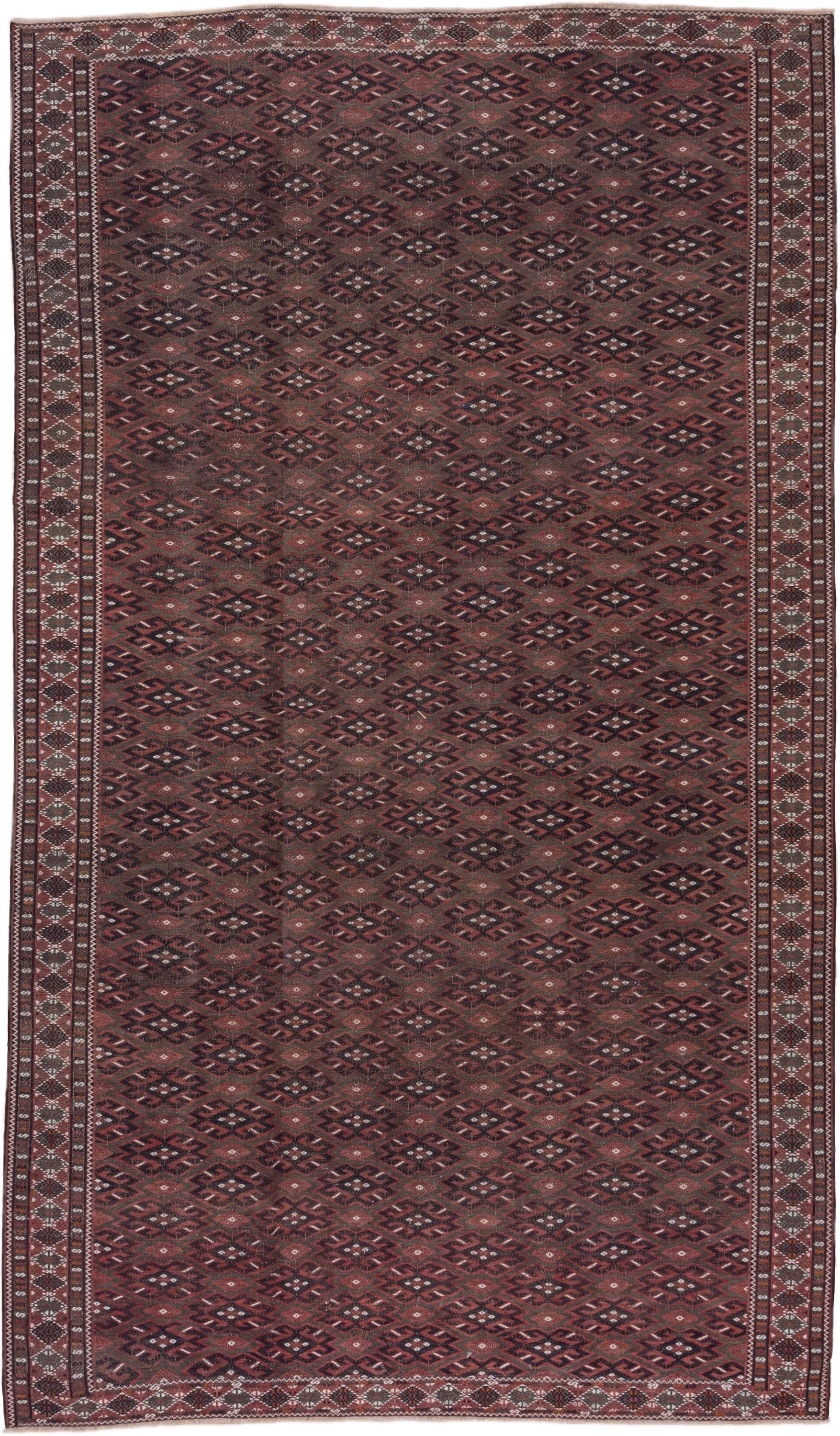 6' x 11' one-of-a-kind handmade vintage Kilim large size rug. Color palette: burgundy, brown, charcoal, ivory, rust, taupe