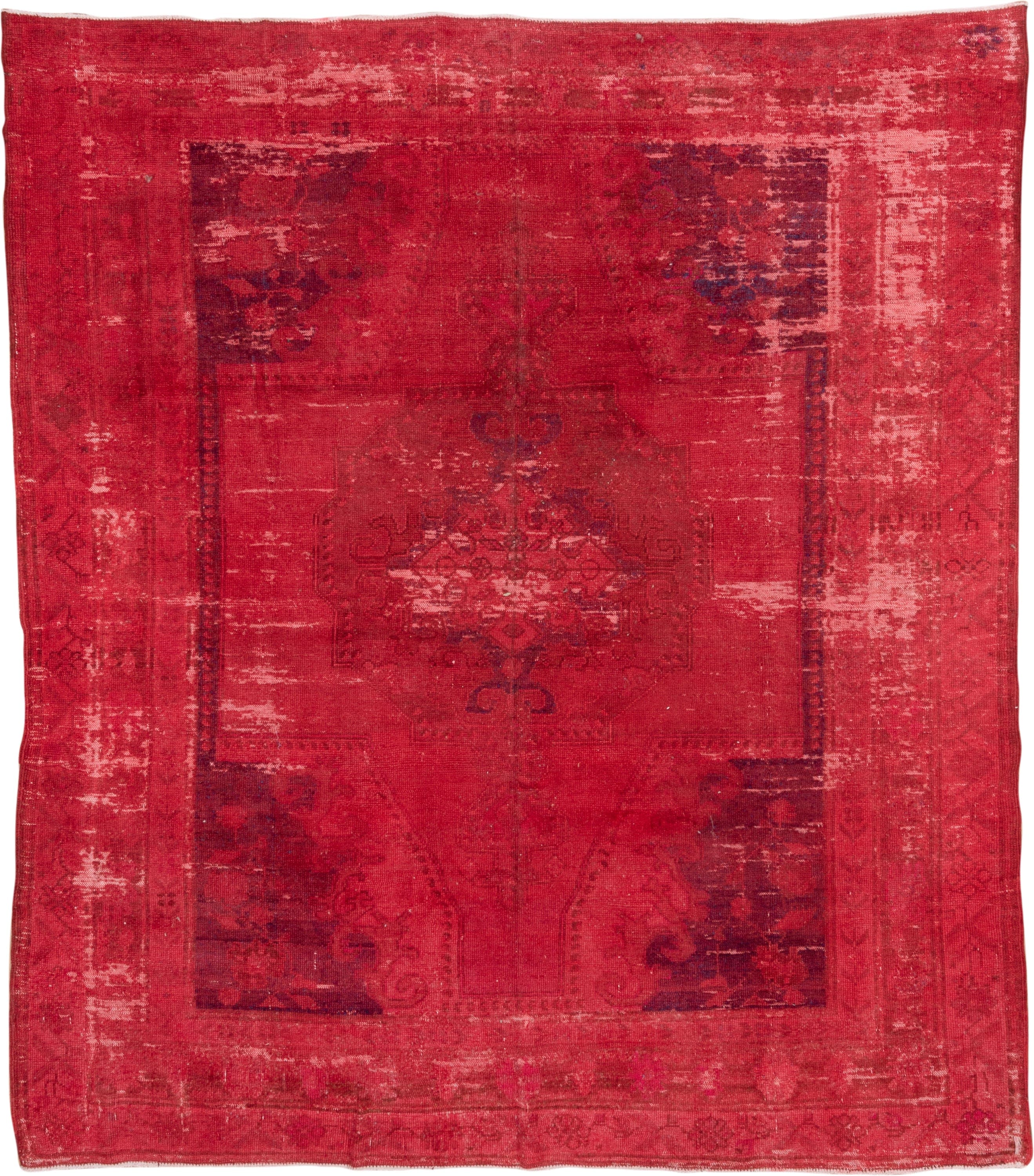 8' x 9' one-of-a-kind handmade vintage Overdyed rug. Color palette: crimson, rose, burgundy, raspberry, pink, red