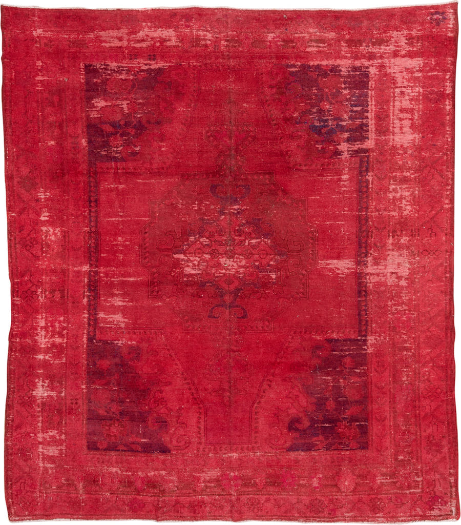 8' x 9' one-of-a-kind handmade vintage Overdyed rug. Color palette: crimson, rose, burgundy, raspberry, pink, red