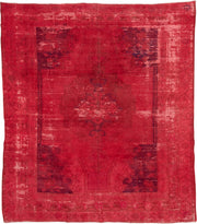 8' x 9' one-of-a-kind handmade vintage Overdyed rug. Color palette: crimson, rose, burgundy, raspberry, pink, red
