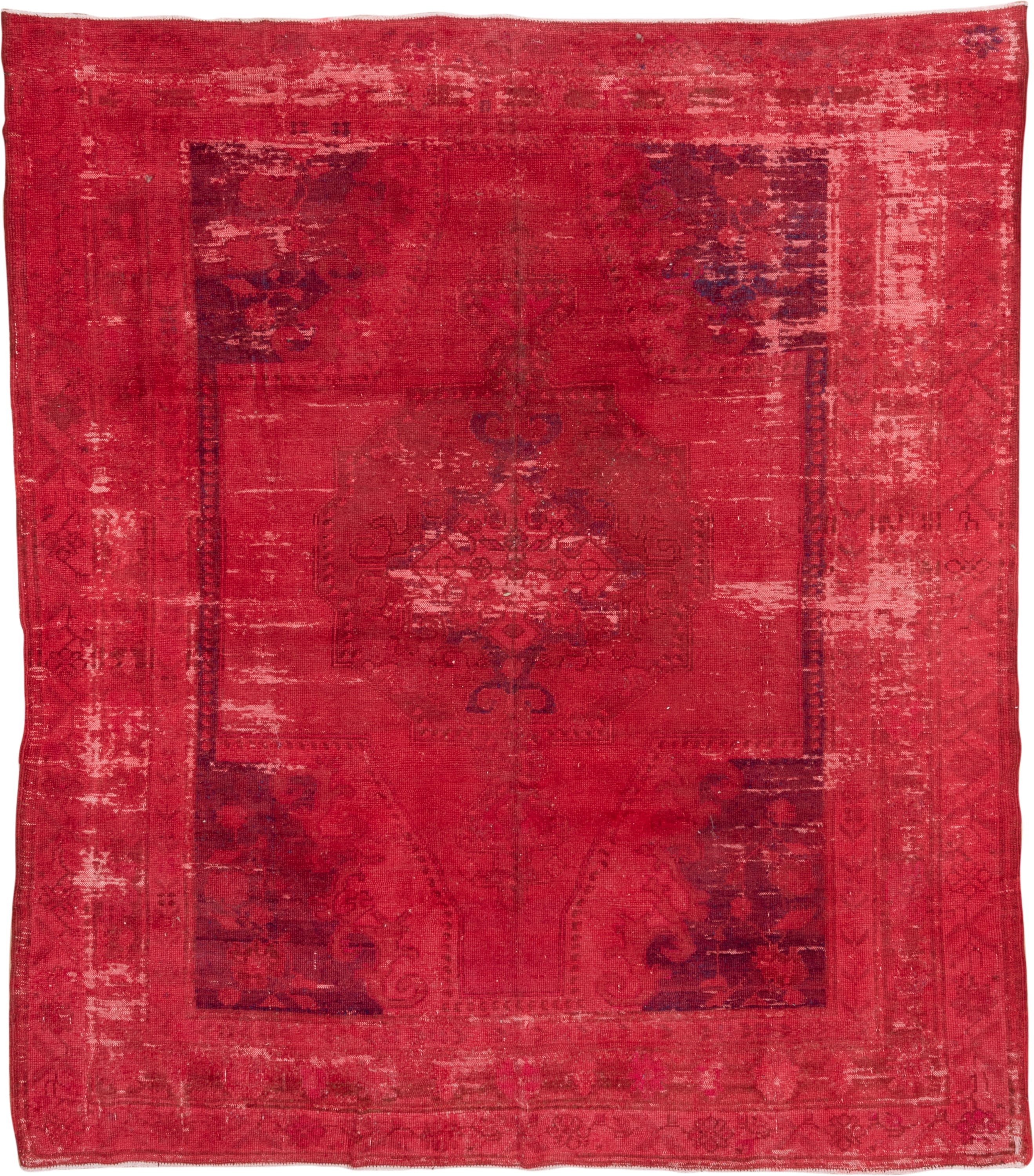 8' x 9' one-of-a-kind handmade vintage Overdyed rug. Color palette: crimson, rose, burgundy, raspberry, pink, red