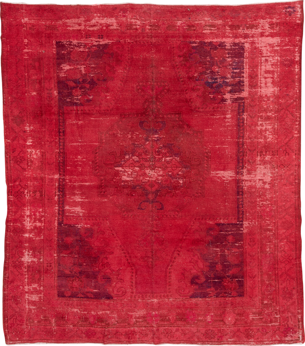 8' x 9' one-of-a-kind handmade vintage Overdyed rug. Color palette: brown, burgundy, indian red, light coral, light gray