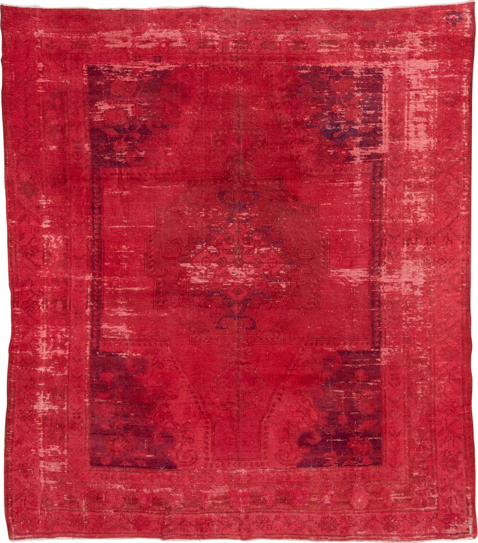 8' x 9' one-of-a-kind handmade vintage Overdyed rug. Color palette: crimson, rose, burgundy, raspberry, pink, red
