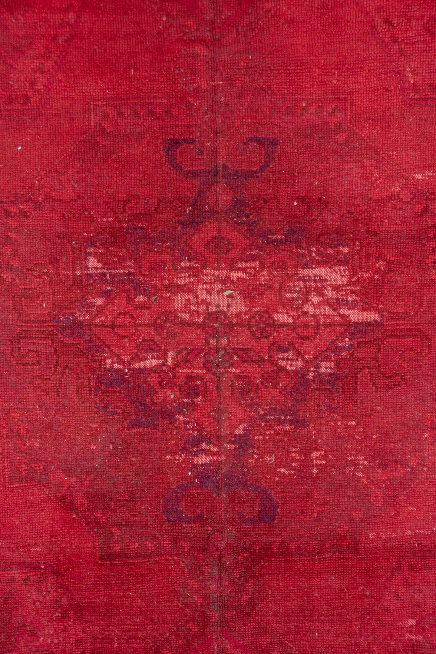 8' x 9' one-of-a-kind handmade vintage Overdyed rug. Color palette: crimson, rose, burgundy, raspberry, pink, red