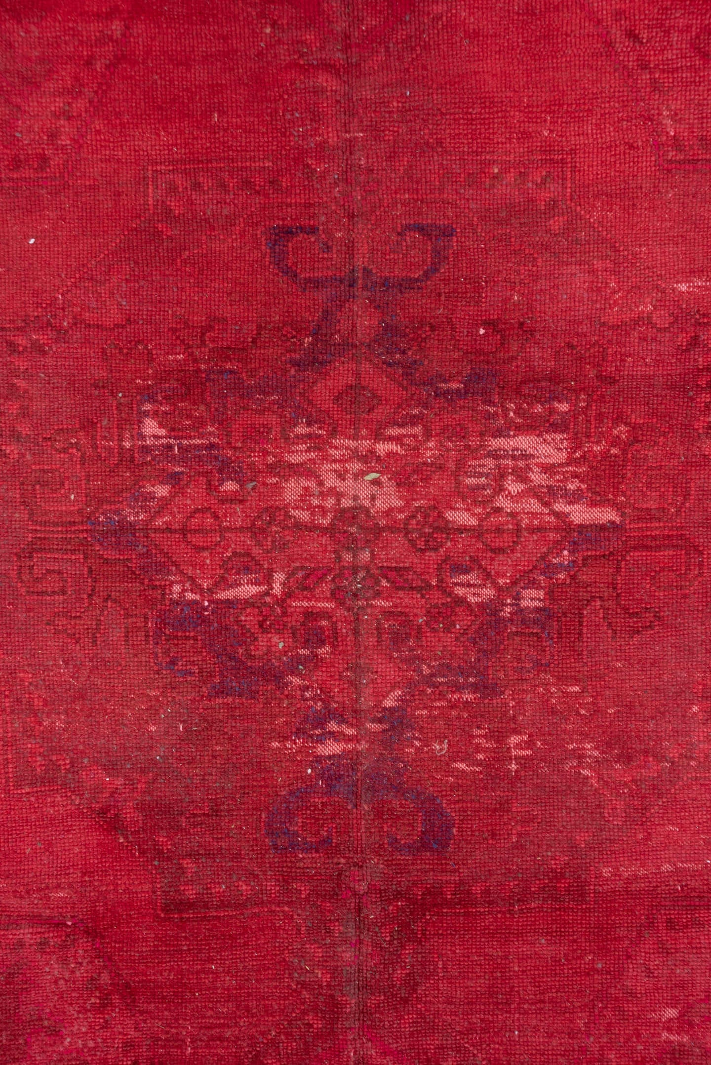 8' x 9' one-of-a-kind handmade vintage Overdyed rug. Color palette: crimson, rose, burgundy, raspberry, pink, red