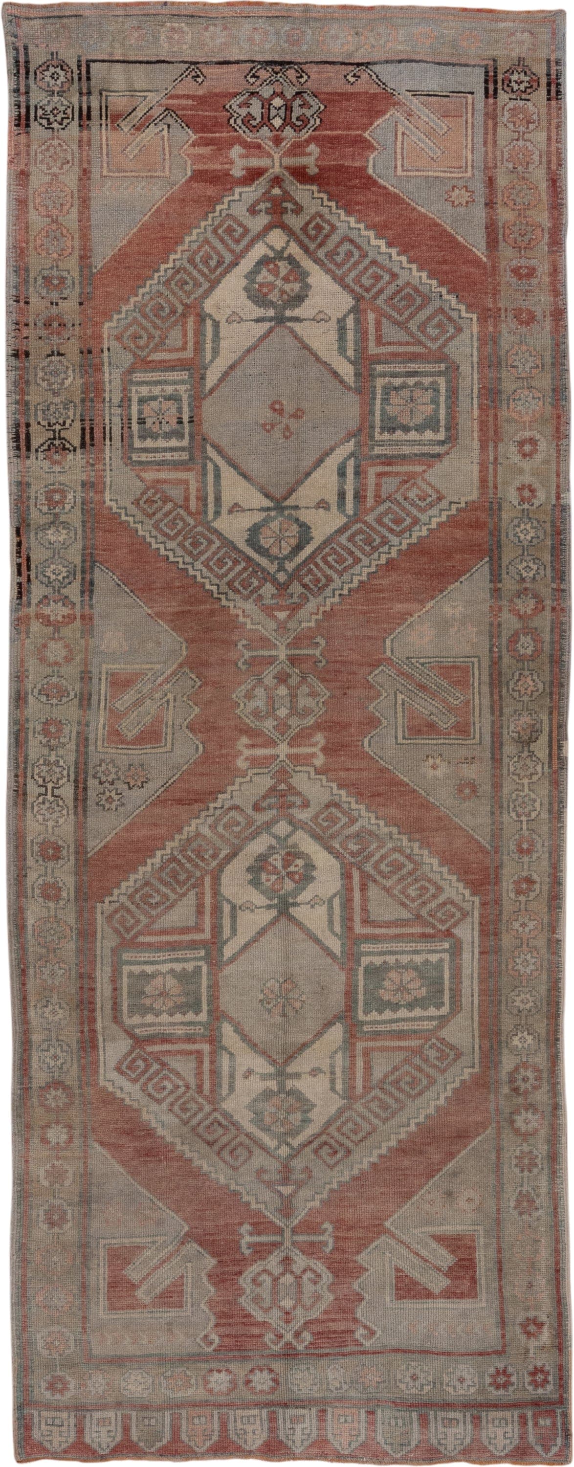 4' x 11' one-of-a-kind handmade vintage Oushak runner rug. Color palette: terra cotta, taupe, sage, ivory, rose, charcoal