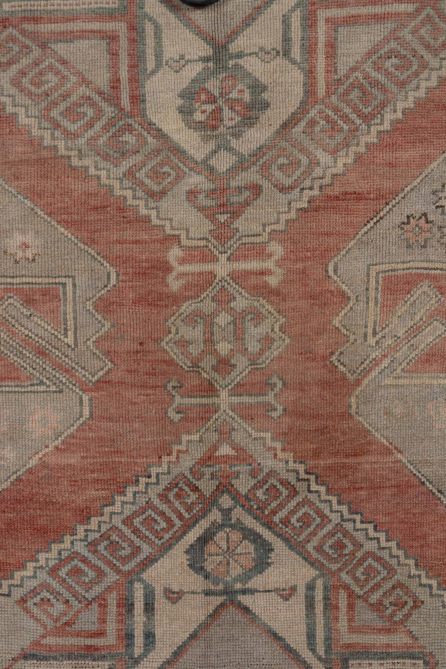 4' x 11' one-of-a-kind handmade vintage Oushak runner rug. Color palette: terra cotta, taupe, sage, ivory, rose, charcoal