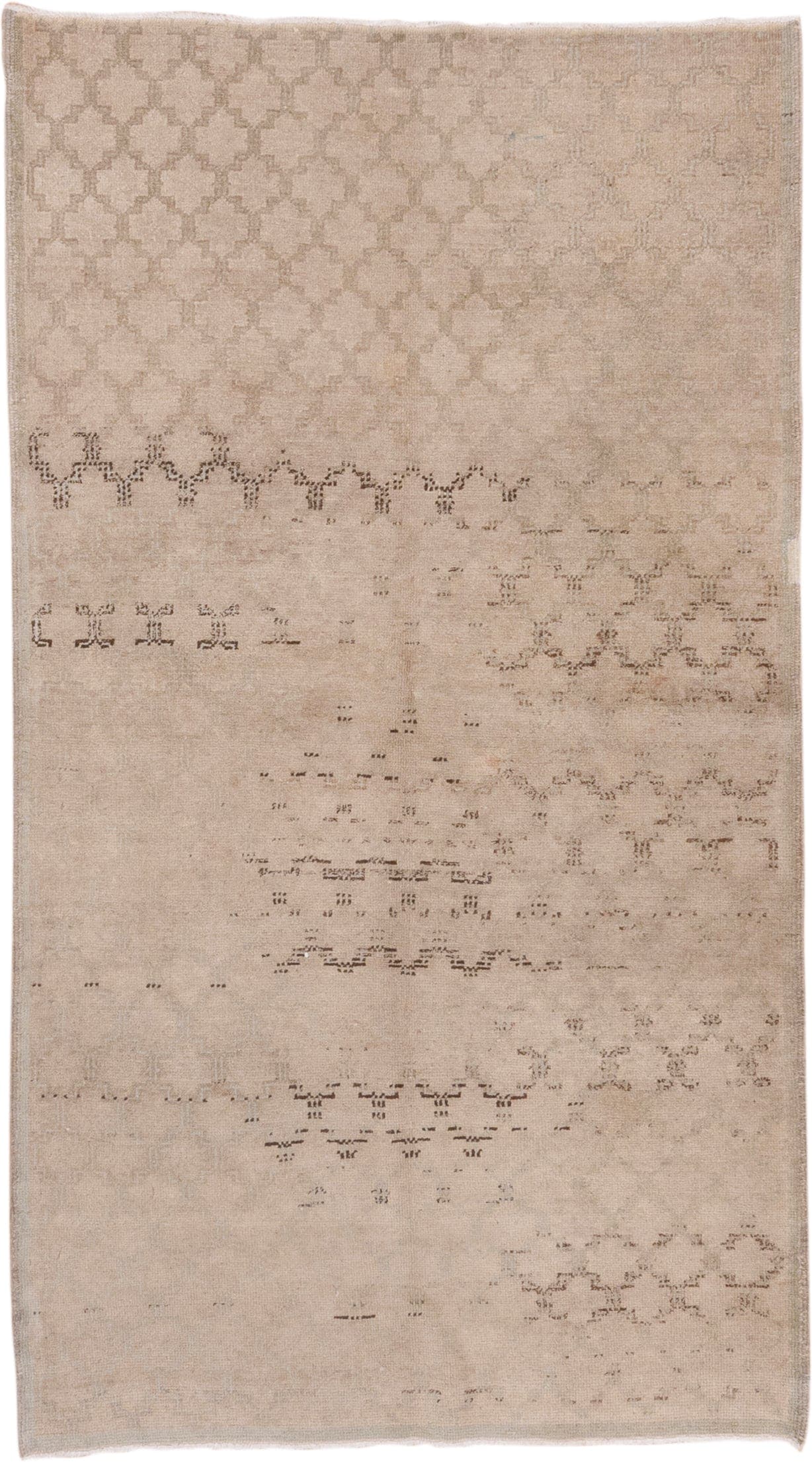 4' x 7' one-of-a-kind handmade vintage Oushak rug. Color palette: beige, ivory, taupe, camel, charcoal, gray, black