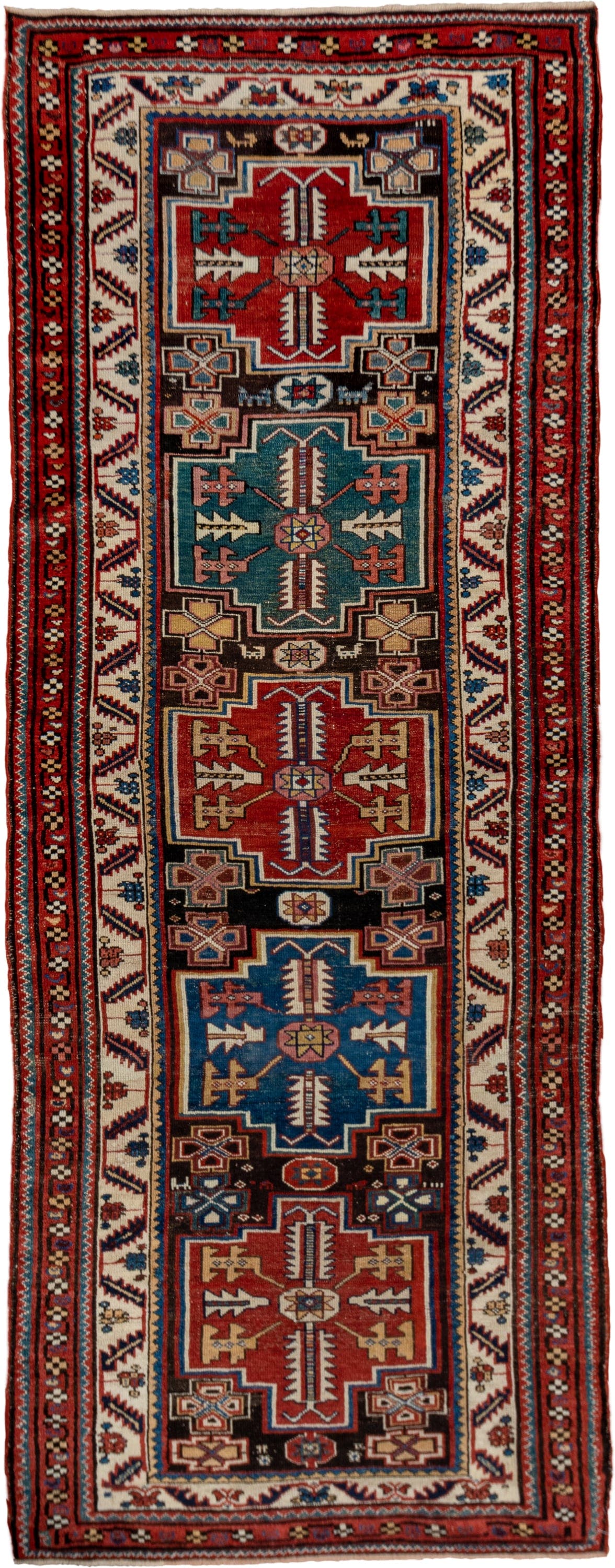 3' x 9' one-of-a-kind handmade vintage Malayer runner rug. Color palette: red, ivory, blue, charcoal, camel, rust, teal