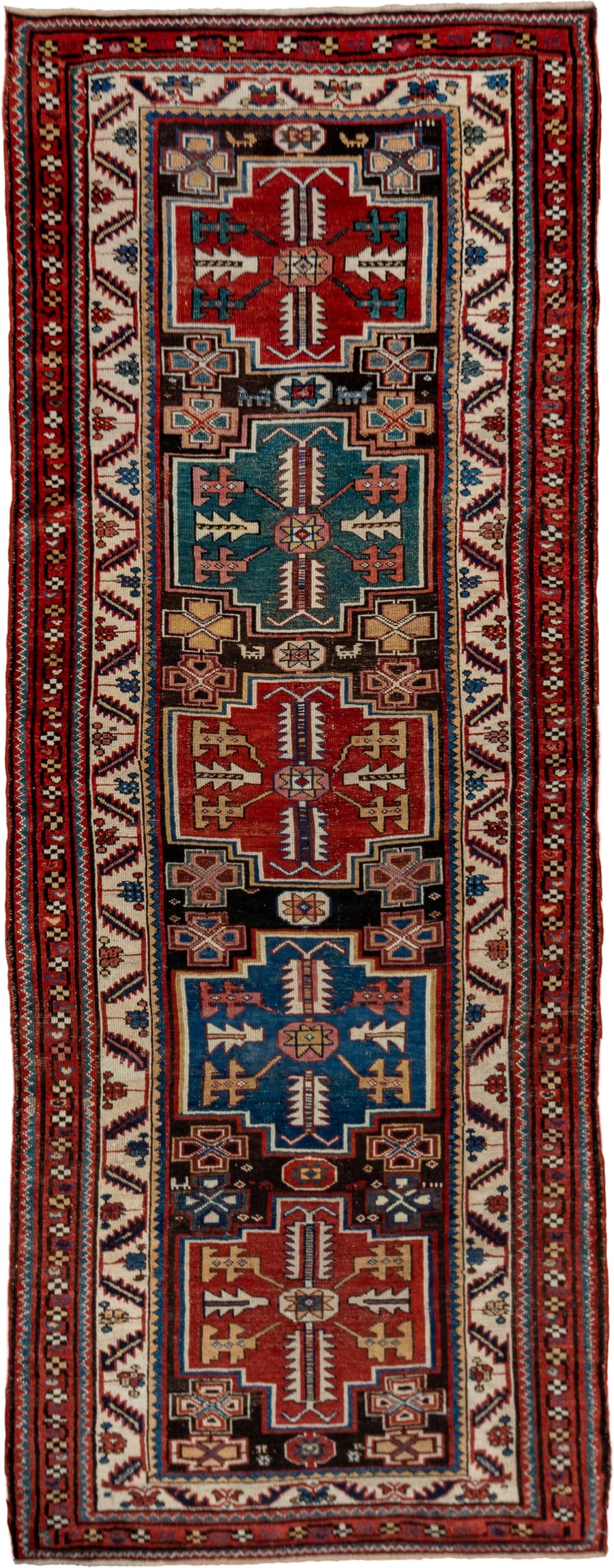 3' x 9' one-of-a-kind handmade vintage Malayer runner rug. Color palette: red, ivory, blue, charcoal, camel, rust, teal
