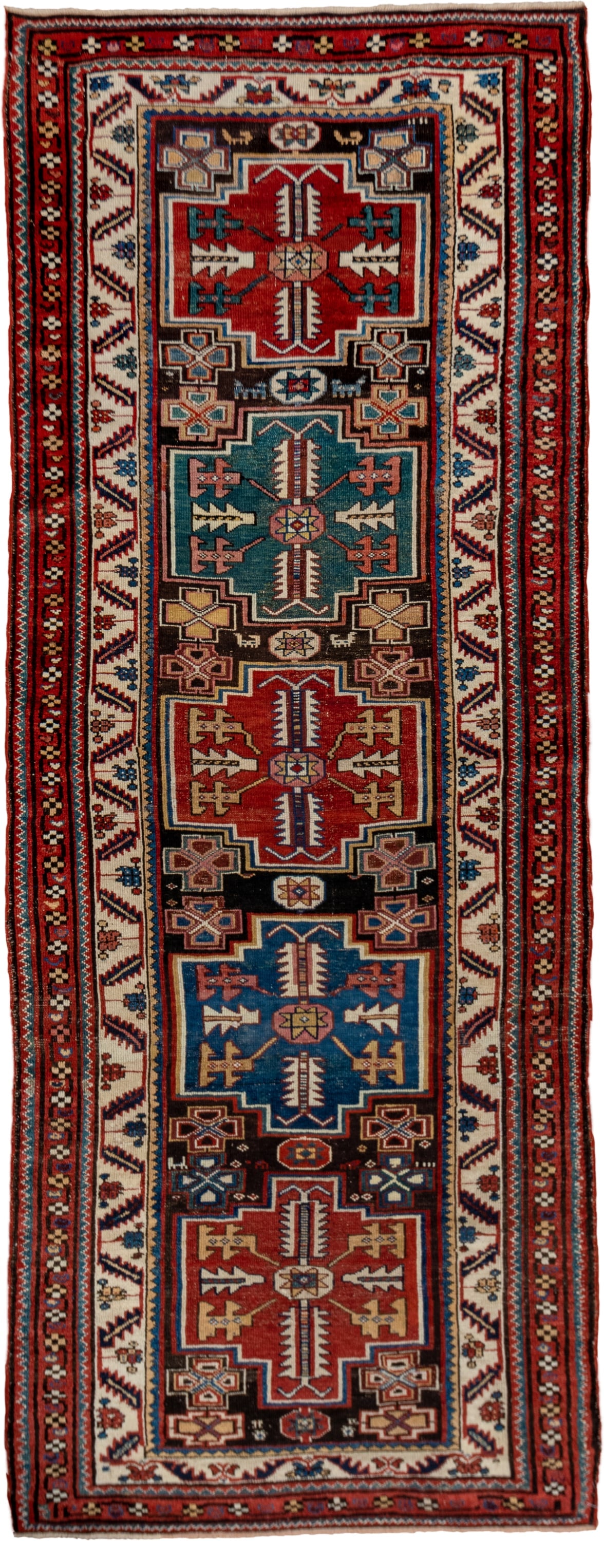 3' x 9' one-of-a-kind handmade vintage Malayer runner rug. Color palette: red, ivory, blue, charcoal, camel, rust, teal