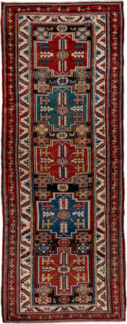 3' x 9' one-of-a-kind handmade vintage Malayer runner rug. Color palette: red, ivory, blue, charcoal, camel, rust, teal