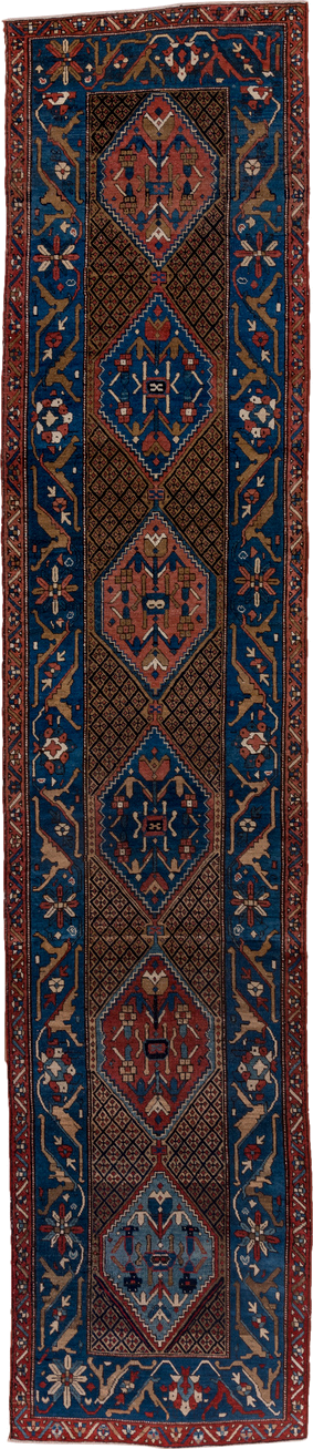 2' x 13' one-of-a-kind handmade antique Sarab runner rug. Color palette: navy, rust, camel, ivory, sky_blue, crimson