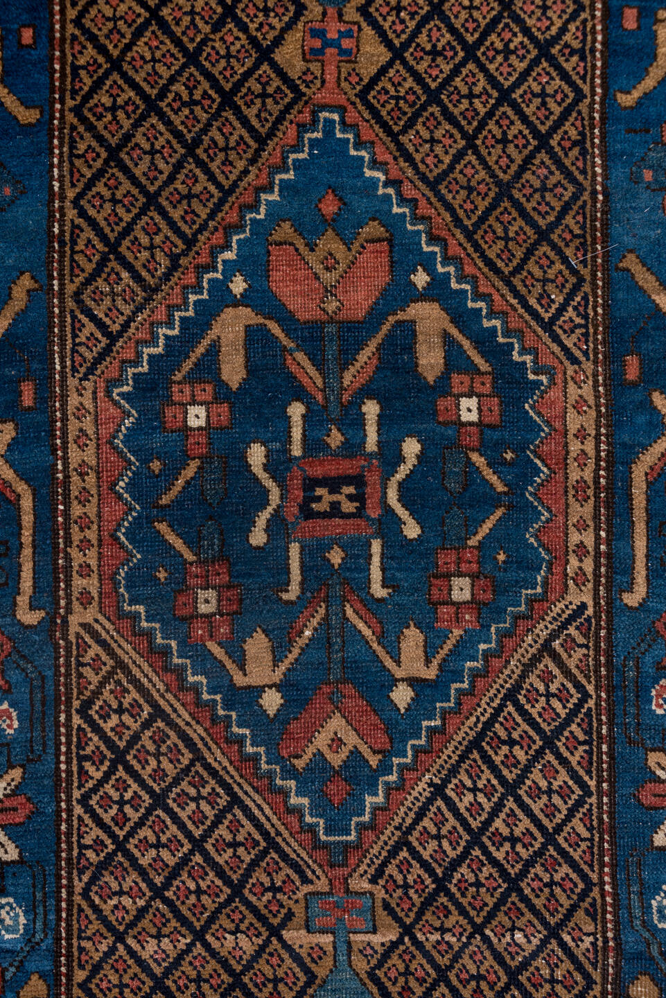 2' x 13' one-of-a-kind handmade antique Sarab runner rug. Color palette: navy, rust, camel, ivory, sky_blue, crimson