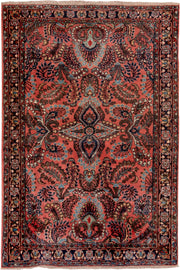 3' x 5' one-of-a-kind handmade antique Sarouk small size rug. Color palette: coral, navy, ivory, sky blue, burgundy, rose