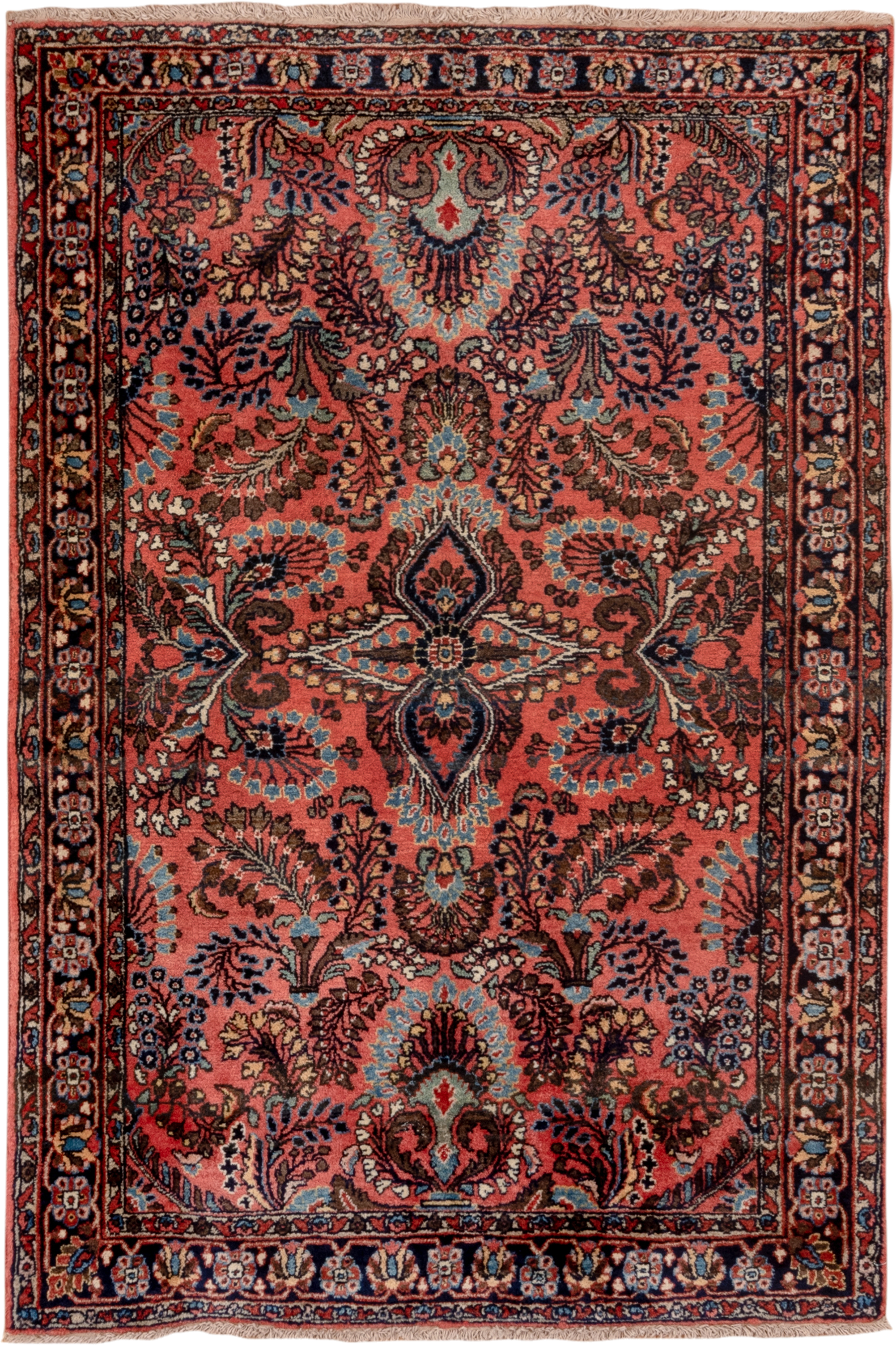 3' x 5' one-of-a-kind handmade antique Sarouk small size rug. Color palette: coral, navy, ivory, sky blue, burgundy, rose
