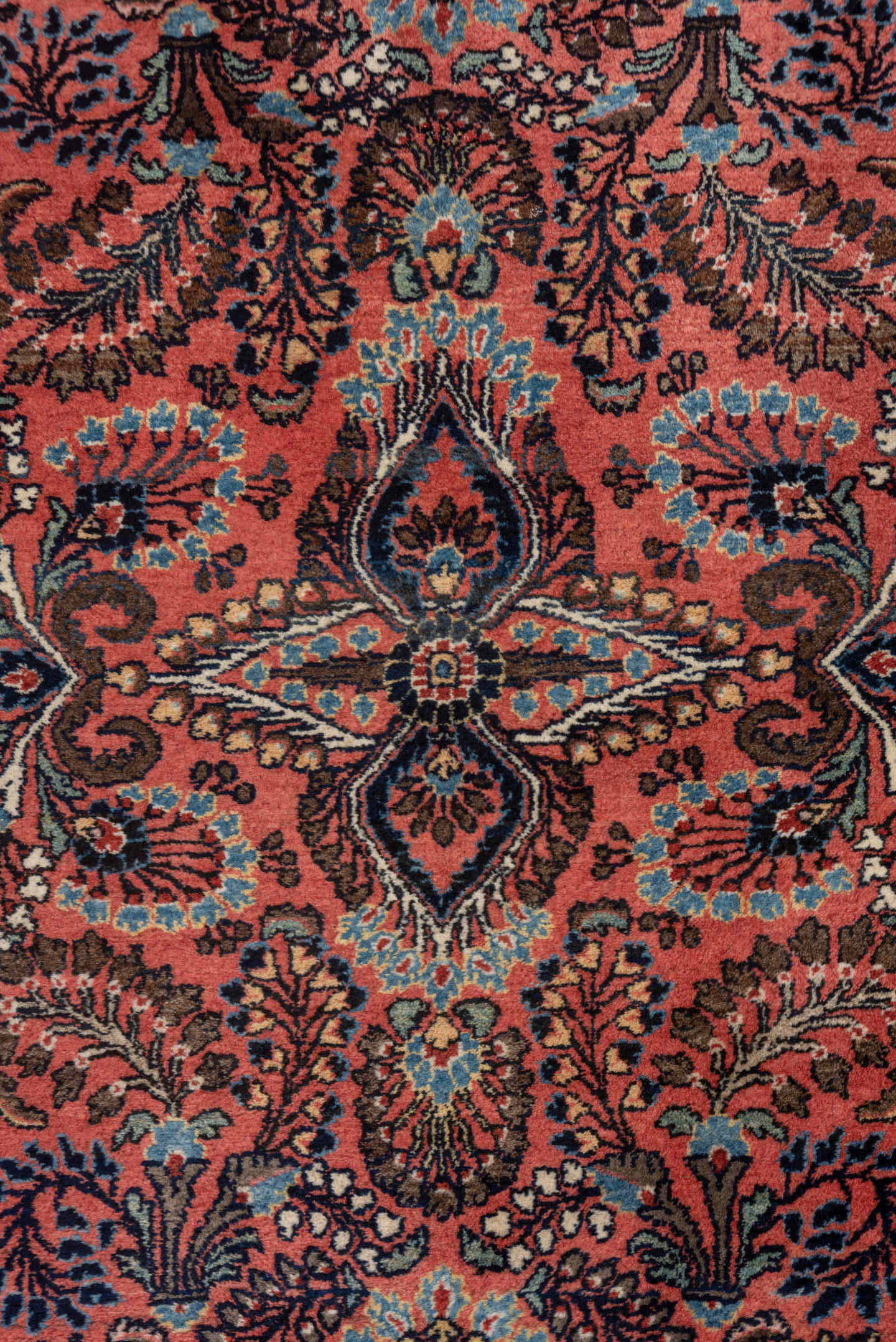 3' x 5' one-of-a-kind handmade antique Sarouk small size rug. Color palette: coral, navy, ivory, sky blue, burgundy, rose