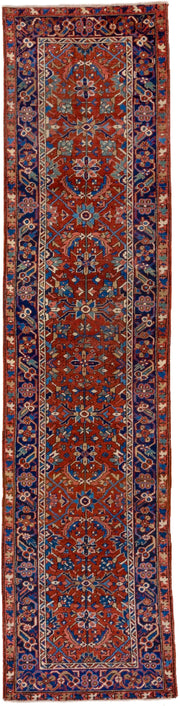 3' x 12' one-of-a-kind handmade vintage Heriz runner rug. Color palette: rust, navy, ivory, sky blue, rose, camel