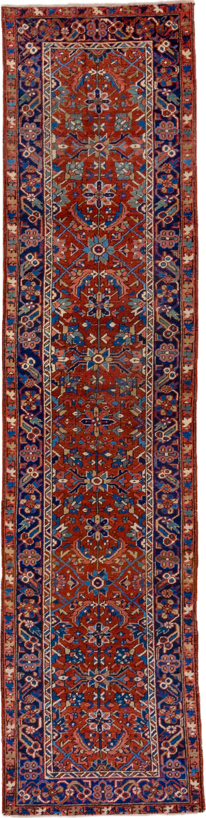 3' x 12' one-of-a-kind handmade vintage Heriz runner rug. Color palette: rust, navy, ivory, sky blue, rose, camel