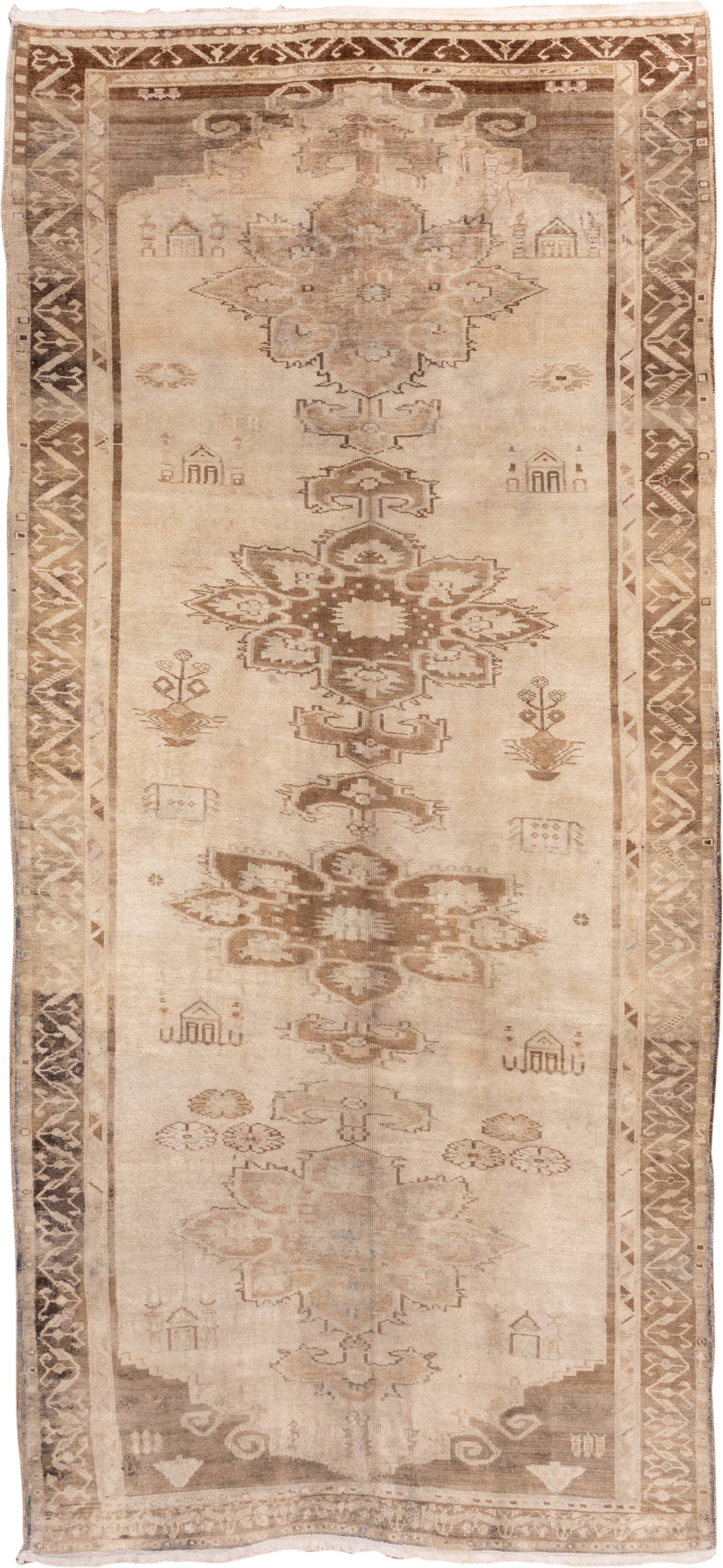 6' x 14' one-of-a-kind handmade vintage Oushak large size rug. Color palette: ivory, taupe, camel, brown, beige, gray