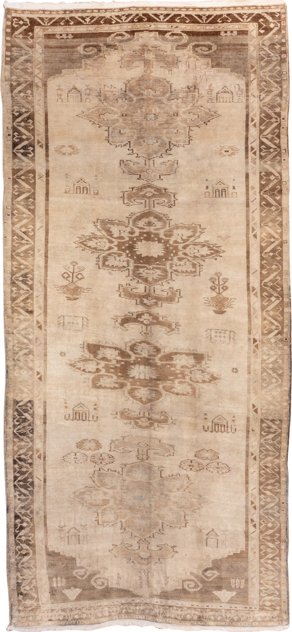 6' x 14' one-of-a-kind handmade vintage Oushak large size rug. Color palette: brown, gray, off-white, orange, pink