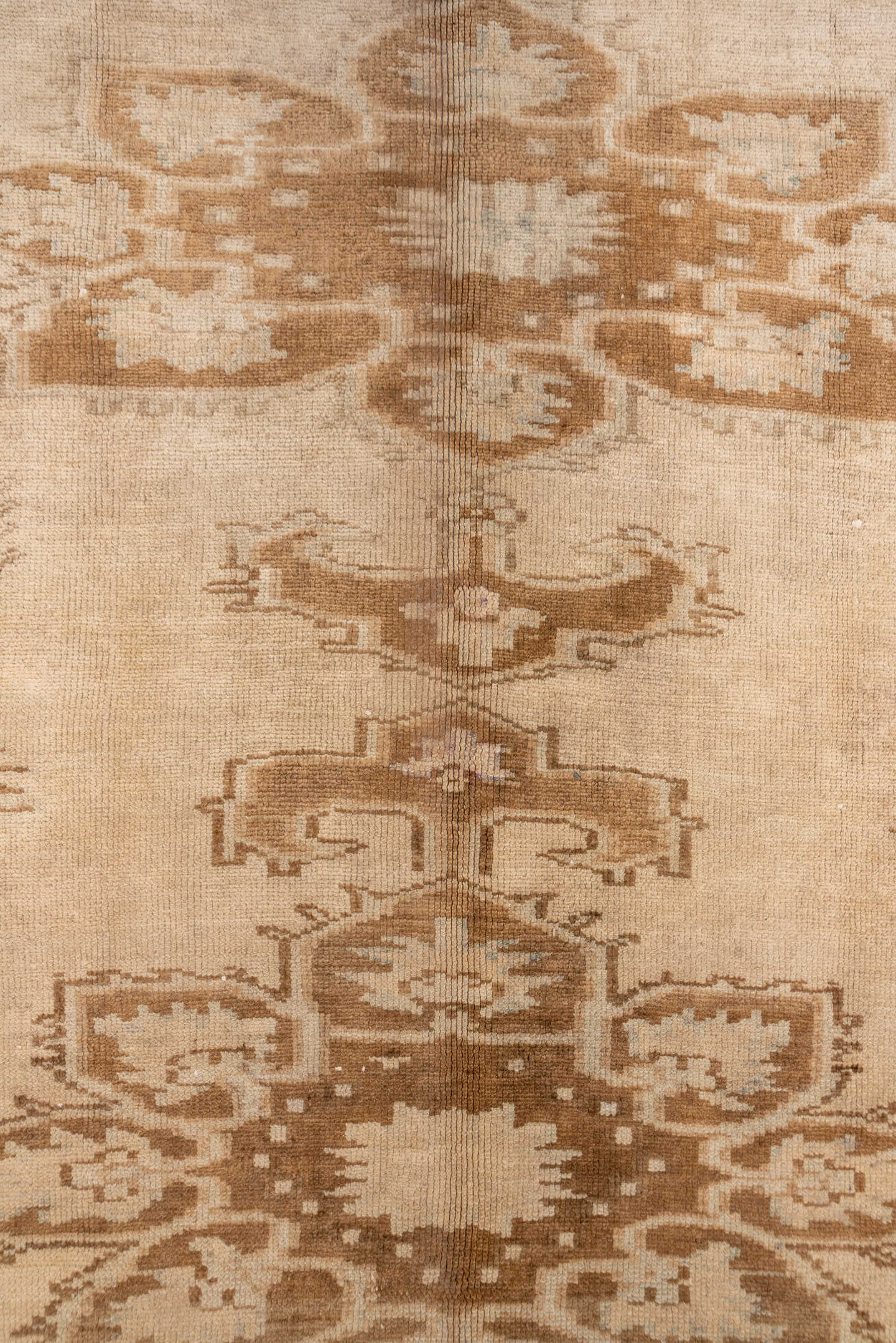 6' x 14' one-of-a-kind handmade vintage Oushak large size rug. Color palette: ivory, taupe, camel, brown, beige, gray