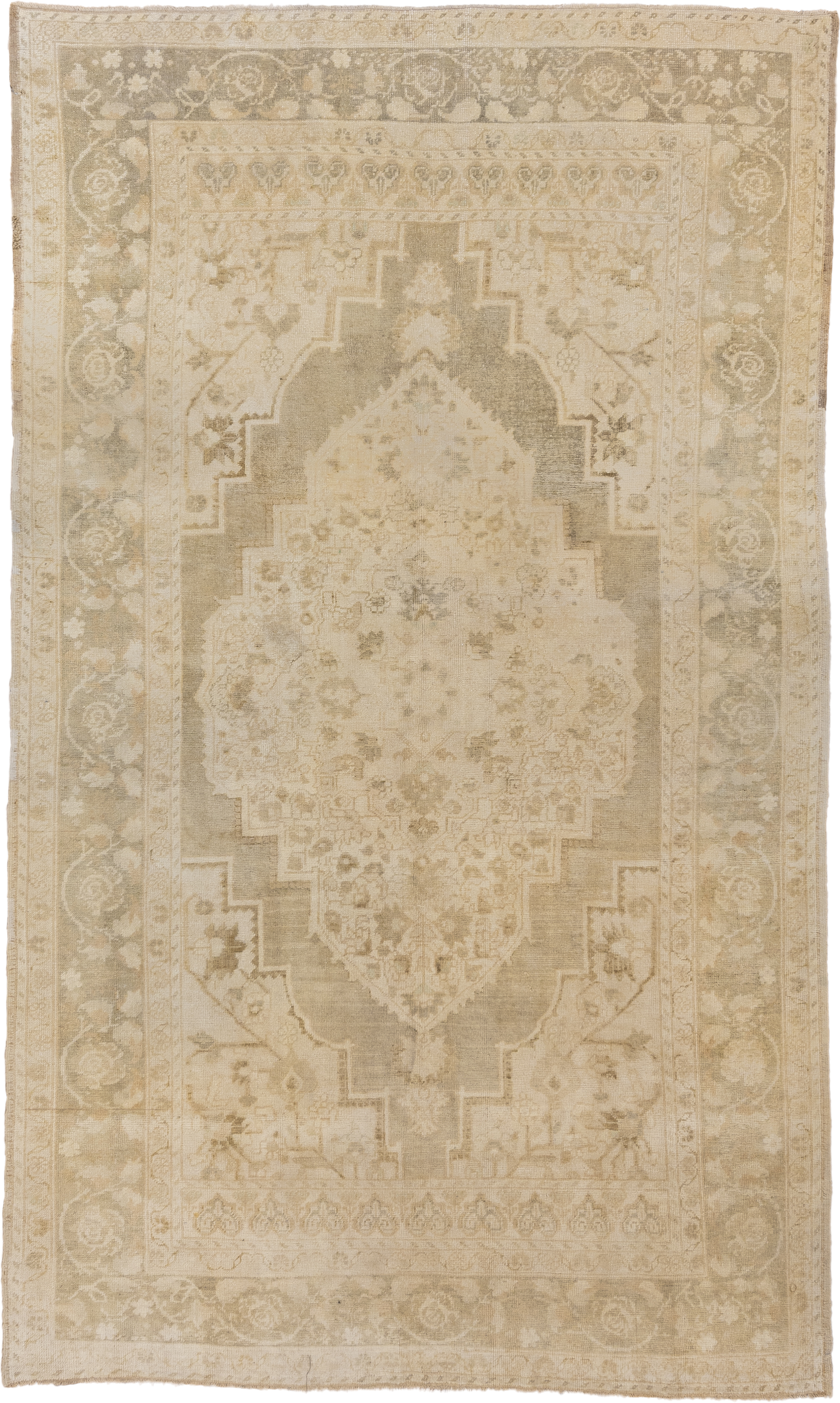 6' x 10' one-of-a-kind handmade vintage Oushak large size rug. Color palette: ivory, beige, taupe, sand, greige, gray