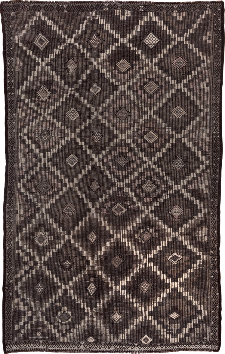 6' x 9' one-of-a-kind handmade vintage Jijim medium size rug. Color palette: antiquewhite, black, brown, charcoal, dark gray