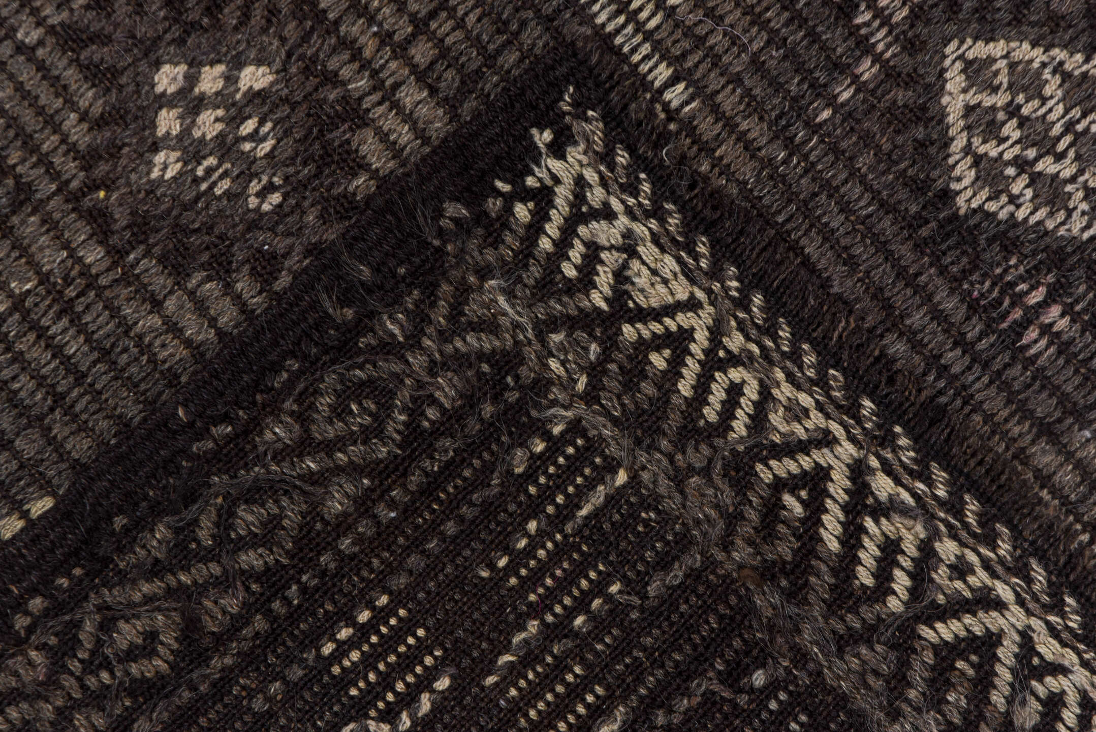 6' x 9' one-of-a-kind handmade vintage Jijim medium size rug. Color palette: charcoal, taupe, brown, ivory, mauve, gray