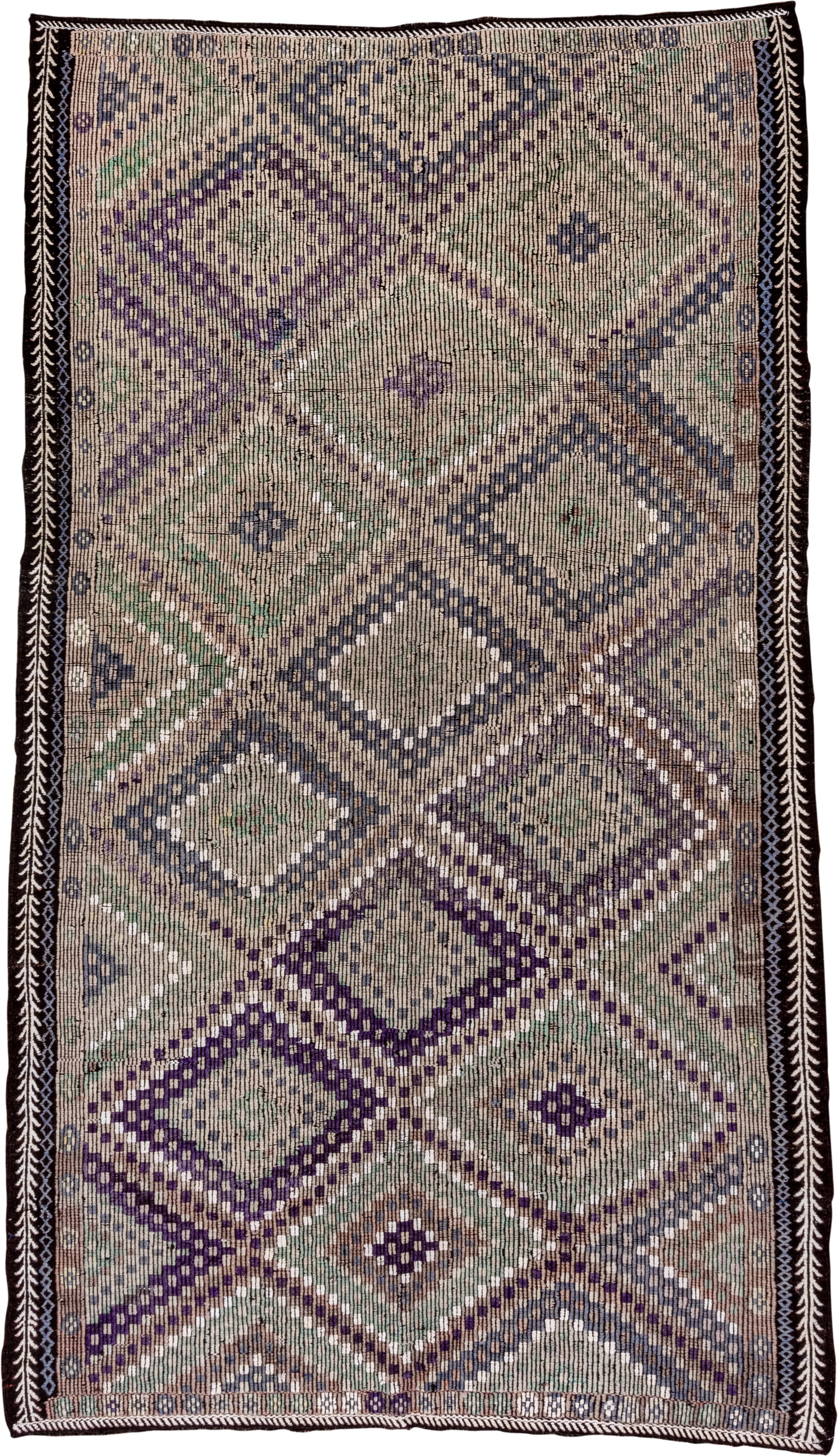 6' x 11' one-of-a-kind handmade vintage Jijim large size rug. Color palette: taupe, indigo, ivory, violet, sage, brown