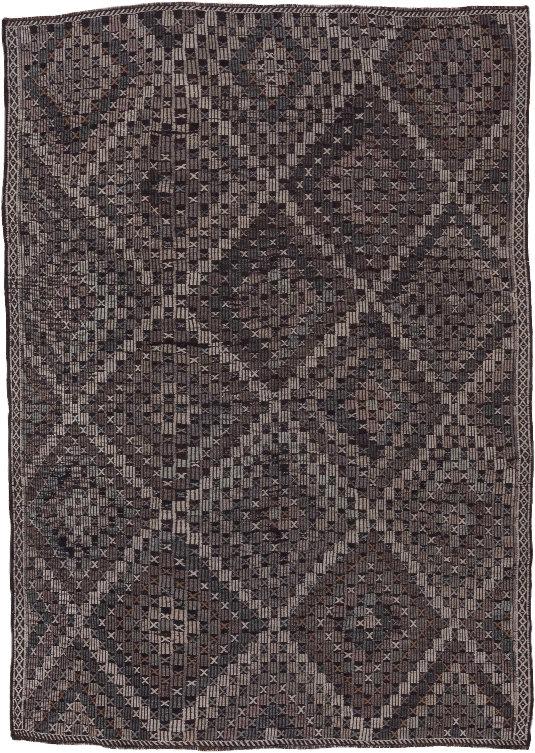 7' x 9' one-of-a-kind handmade vintage Jijim rug. Color palette: charcoal, ivory, slate, taupe, brown, gray, black, beige