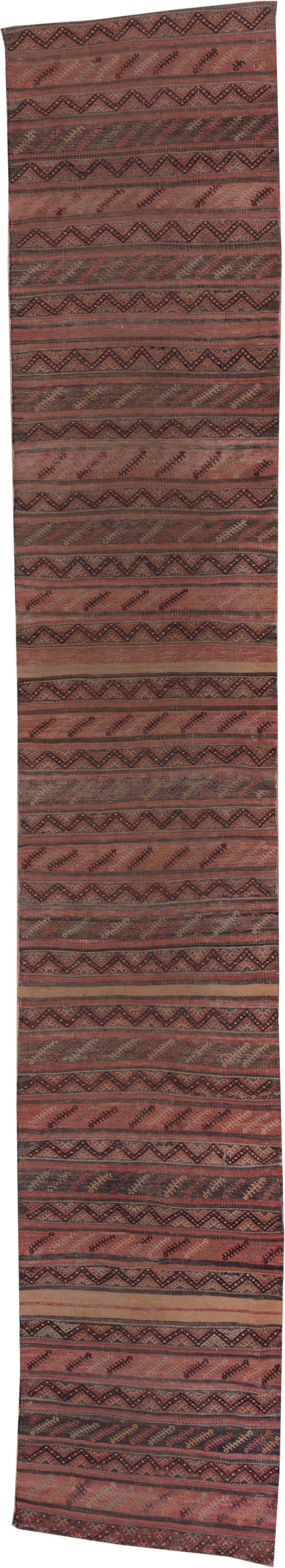2' x 15' one-of-a-kind handmade vintage Jijim runner rug. Color palette: rust, charcoal, camel, terra cotta, taupe, burgundy