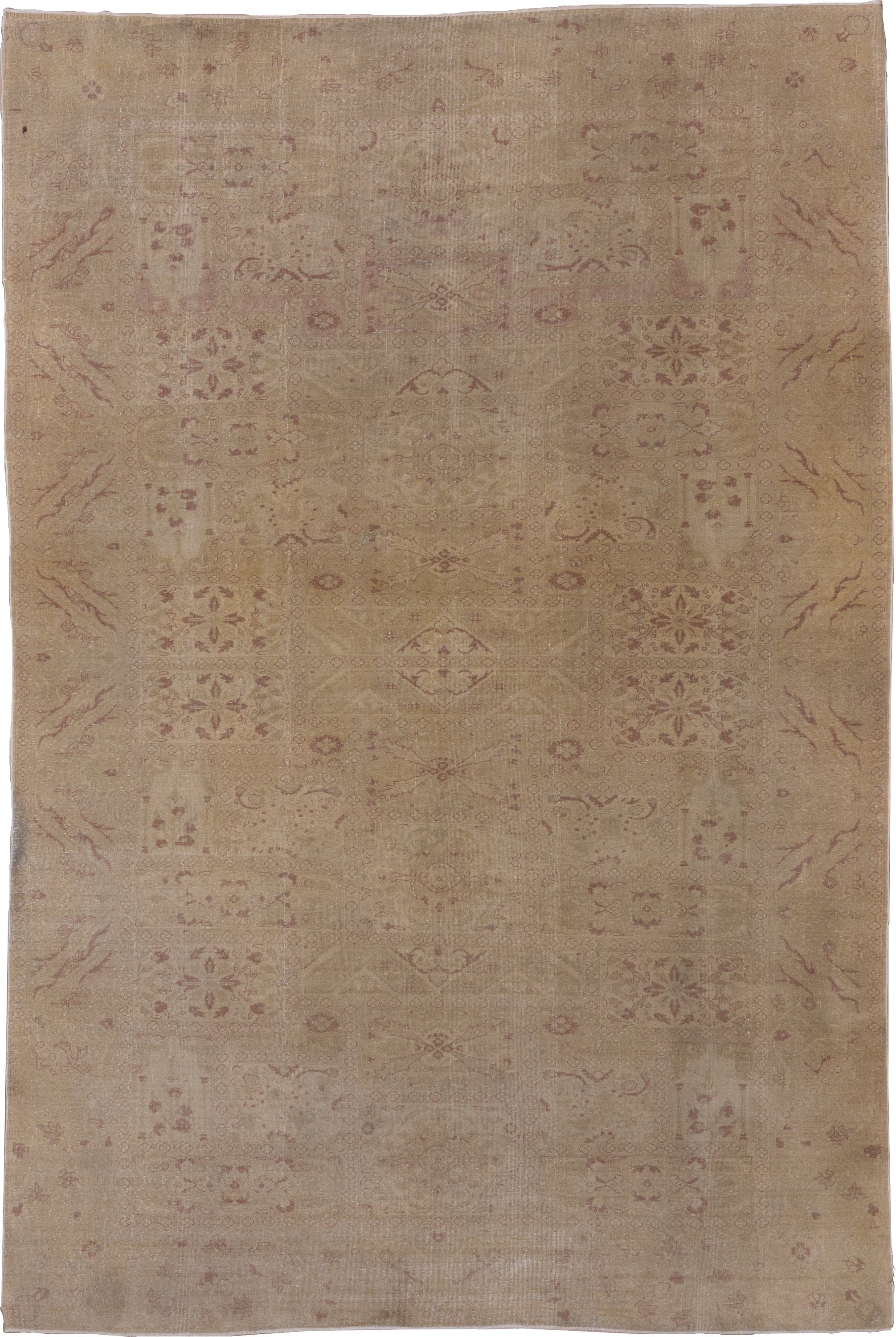 6' x 9' one-of-a-kind handmade vintage Sivas medium size rug. Color palette: beige, taupe, rose, ivory, camel, gray, pink