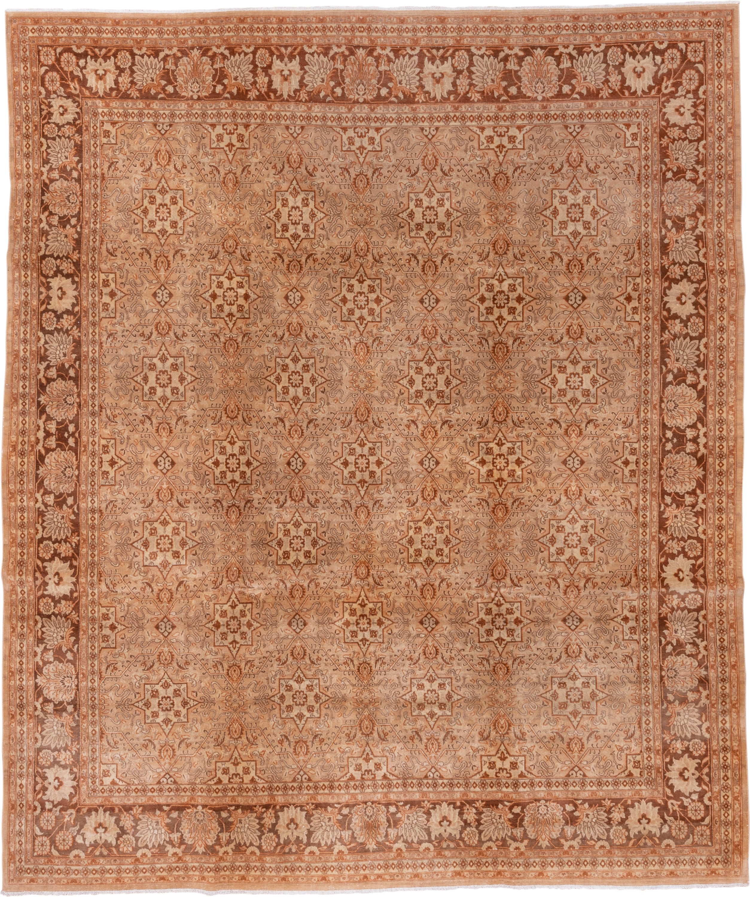 8' x 9' one-of-a-kind handmade vintage Agra rug. Color palette: terra cotta, camel, ivory, rust, taupe, brown, terracotta
