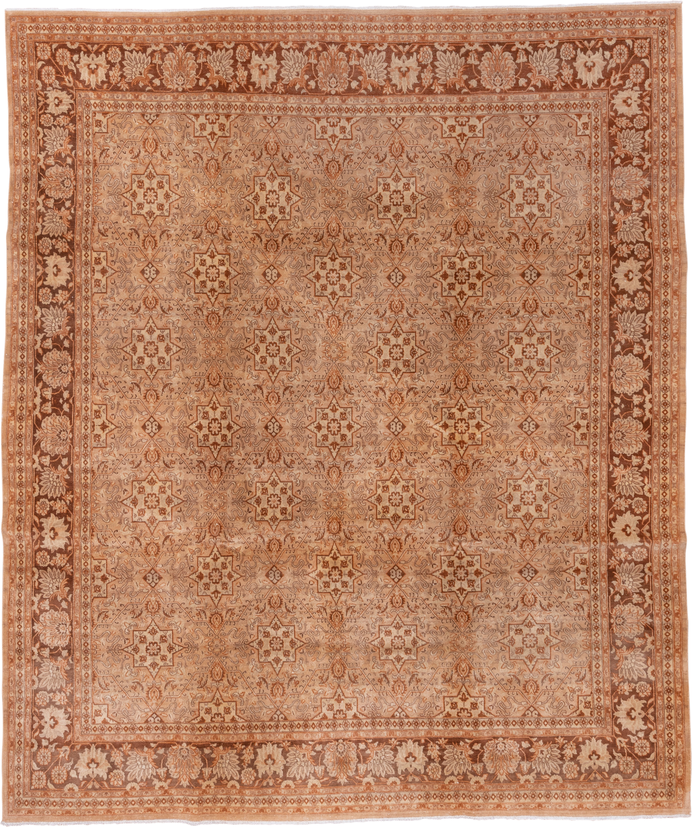 8' x 9' one-of-a-kind handmade vintage Agra rug. Color palette: terra cotta, camel, ivory, rust, taupe, brown, terracotta