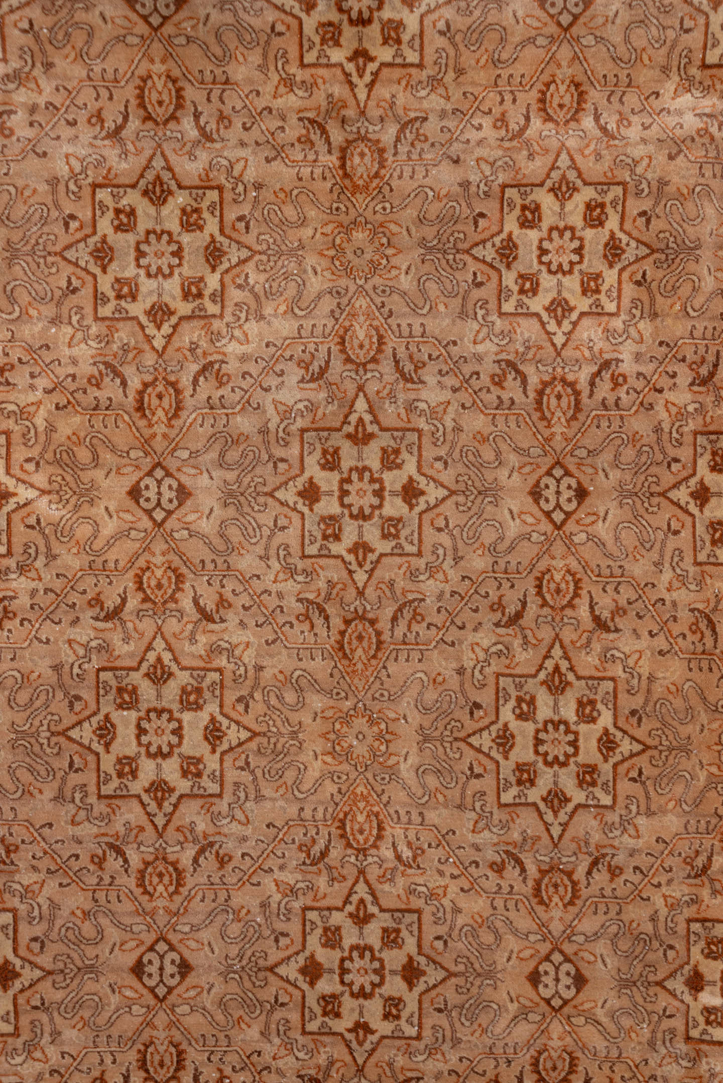8' x 9' one-of-a-kind handmade vintage Agra rug. Color palette: terra cotta, camel, ivory, rust, taupe, brown, terracotta