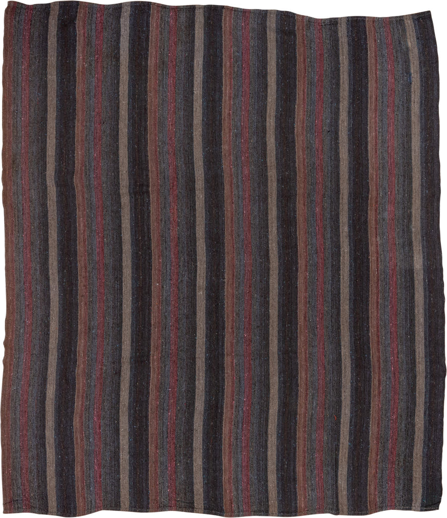 9' x 10' one-of-a-kind handmade vintage Kilim large size rug. Color palette: charcoal, taupe, brown, rust, slate, gray