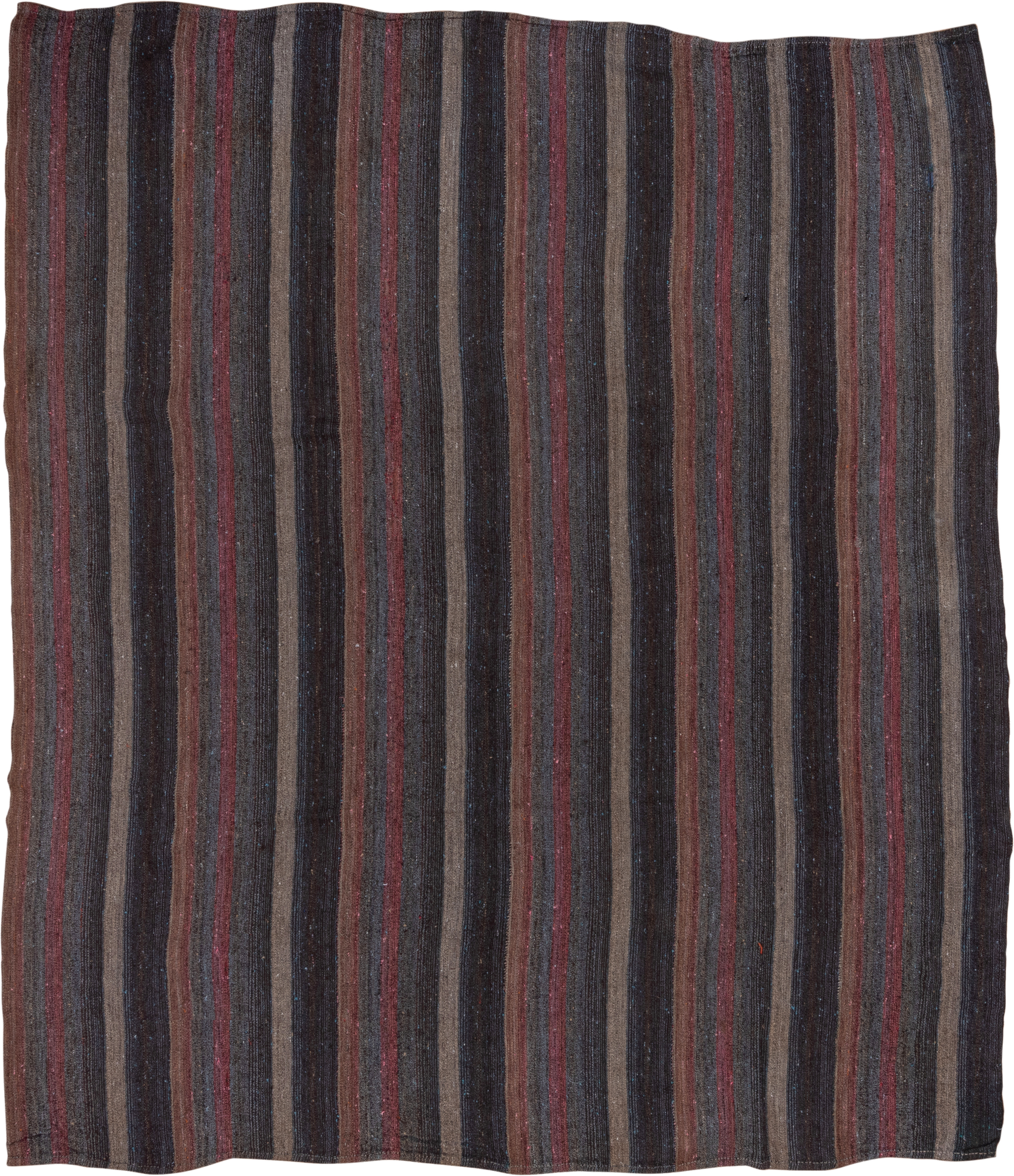 9' x 10' one-of-a-kind handmade vintage Kilim large size rug. Color palette: charcoal, taupe, brown, rust, slate, gray