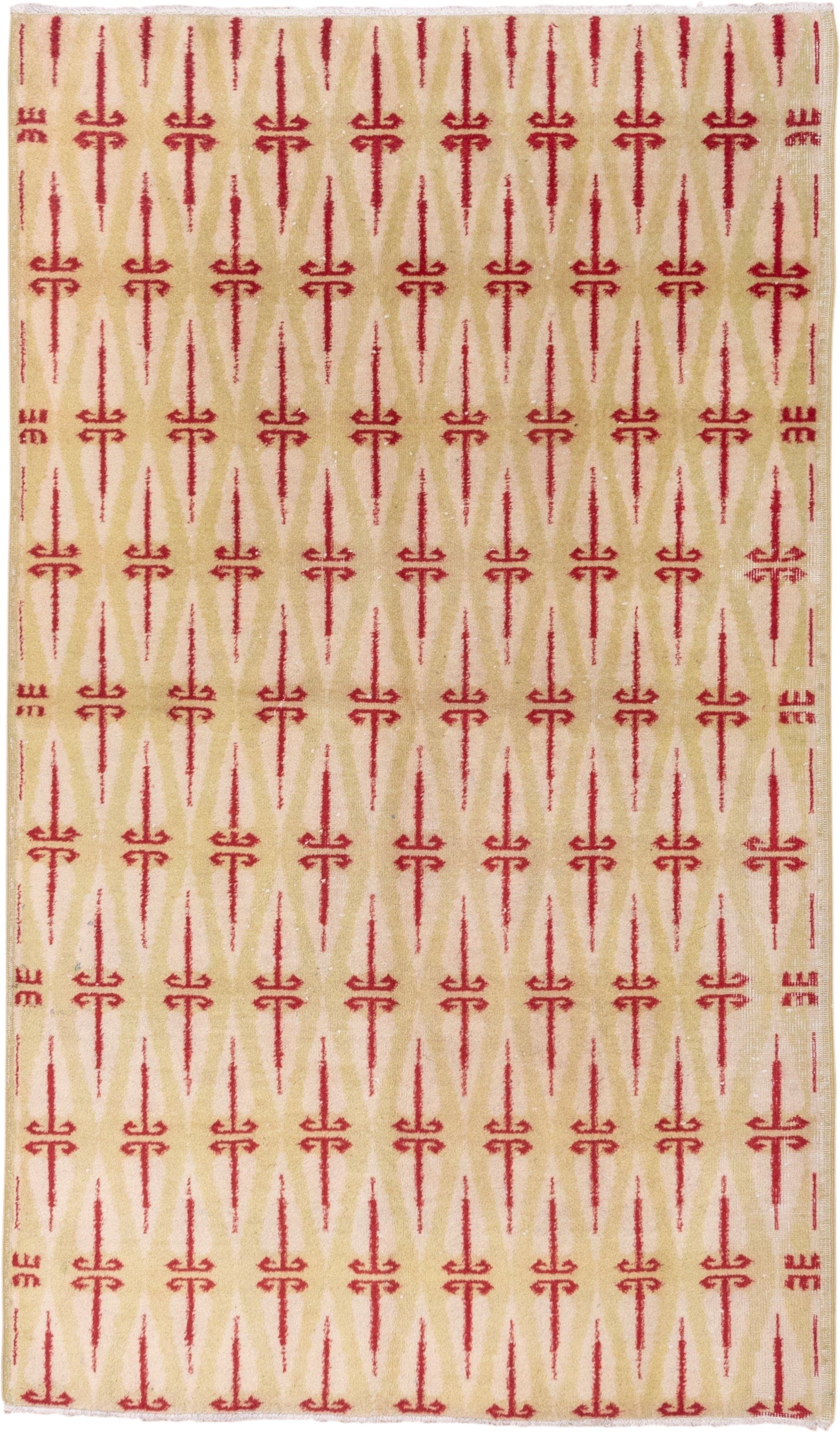 4' x 8' one-of-a-kind handmade vintage Zeki Muran rug. Color palette: ivory, crimson, cream, red