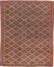 6' x 7' one-of-a-kind handmade vintage Jijim rug. Color palette: taupe, rust, gold, ivory, crimson, brown, beige, gray