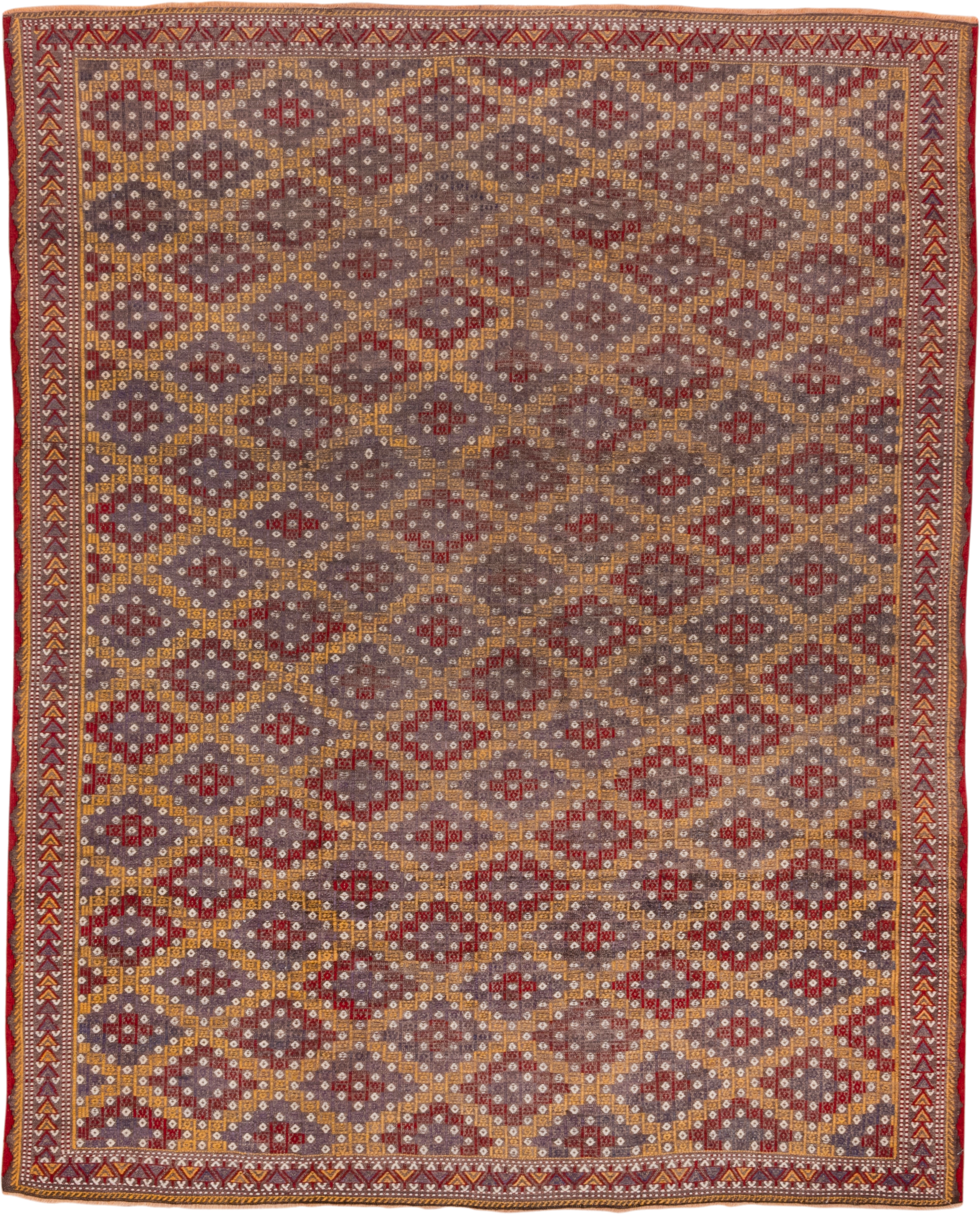 6' x 7' one-of-a-kind handmade vintage Jijim rug. Color palette: taupe, rust, gold, ivory, crimson, brown, beige, gray