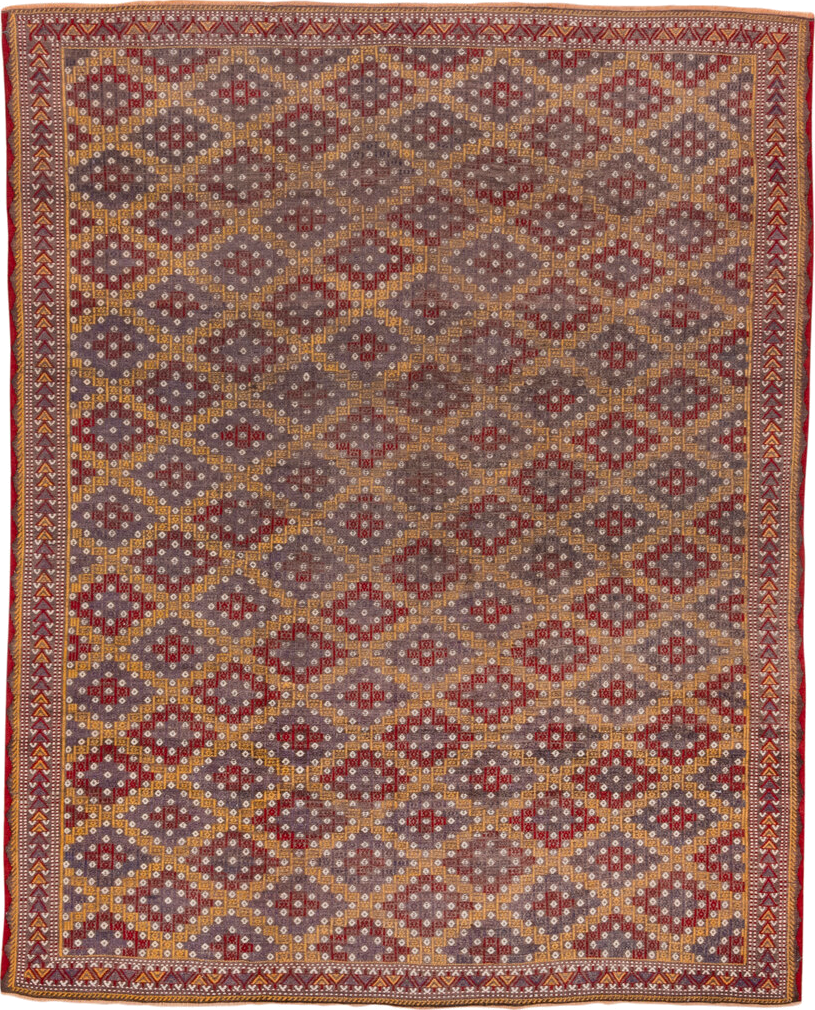 6' x 7' one-of-a-kind handmade vintage Jijim rug. Color palette: brown, gray, light gray, off-white, orange, pink, red, snow