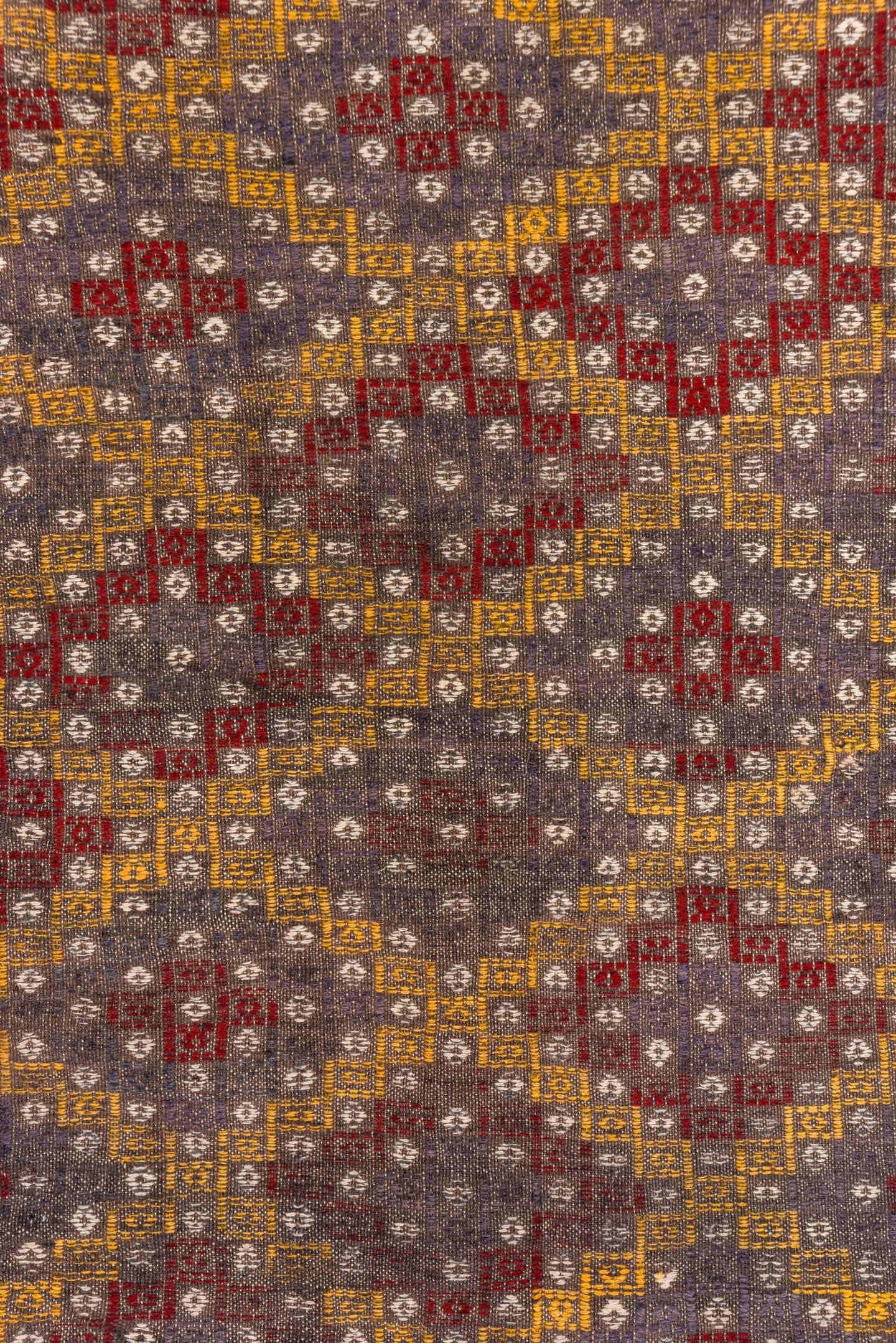 6' x 7' one-of-a-kind handmade vintage Jijim rug. Color palette: taupe, rust, gold, ivory, crimson, brown, beige, gray
